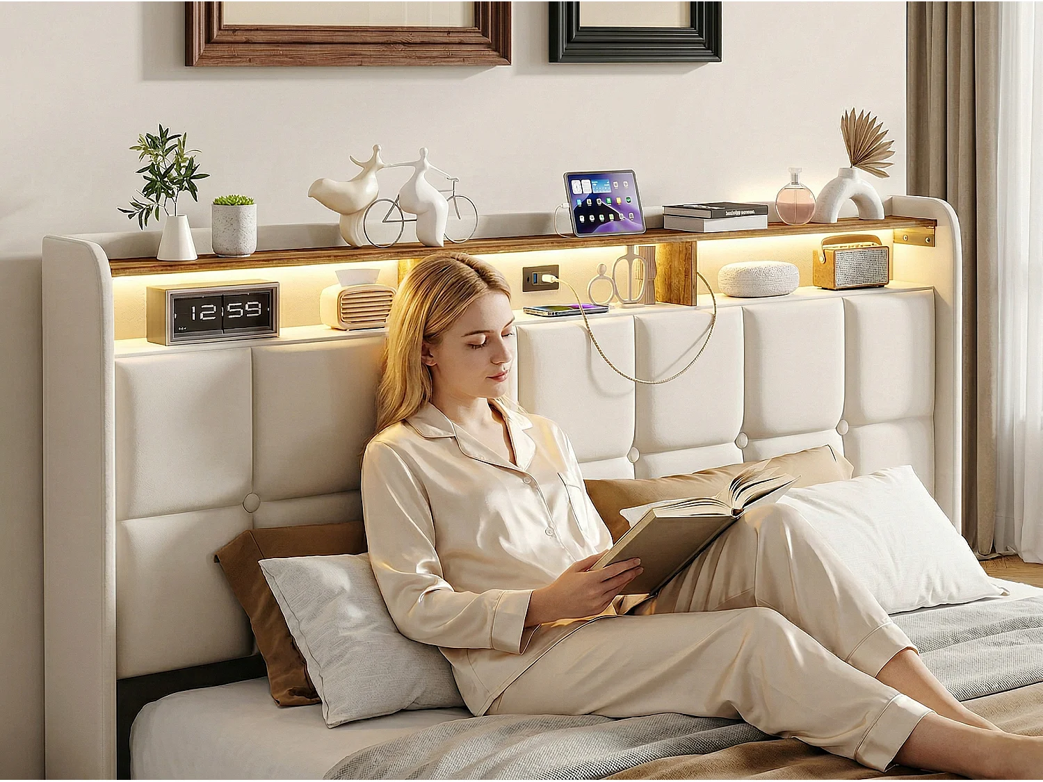 Lit coffre rembourré 160x200 - Lit Double - avec USB + Type-C - avec lumière LED -  Beige (matelas non inclus)
