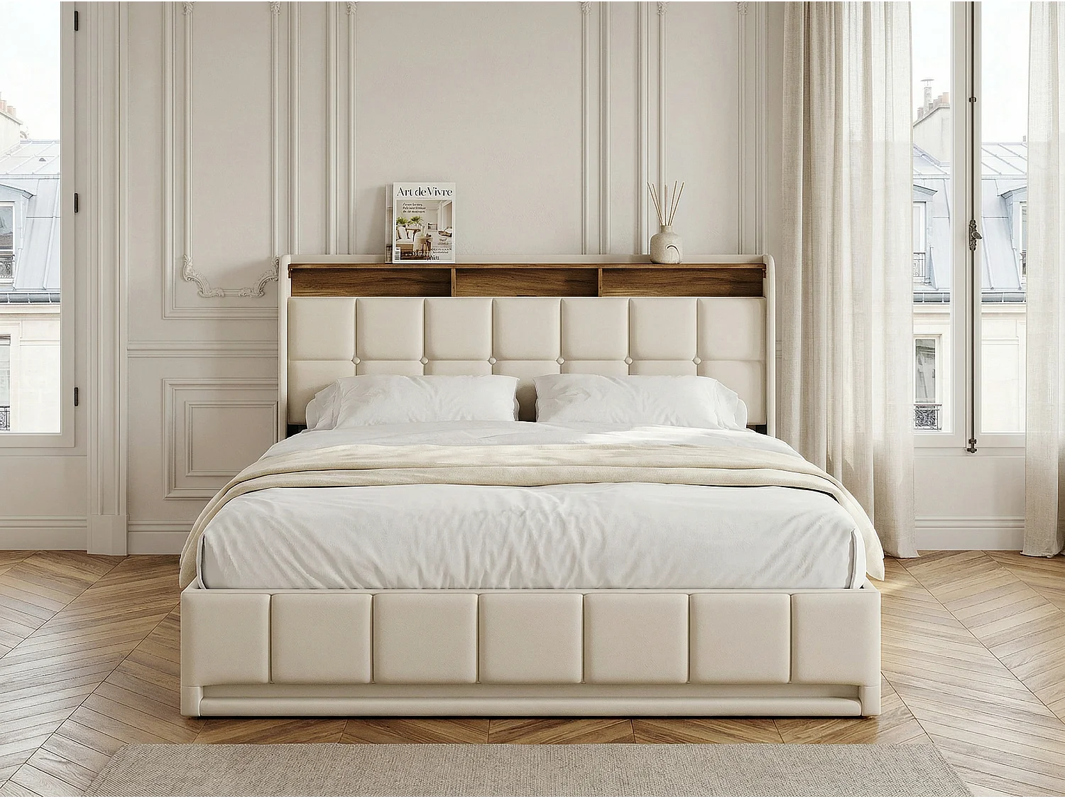 Lit coffre rembourré 160x200 - Lit Double - avec USB + Type-C - avec lumière LED -  Beige (matelas non inclus)