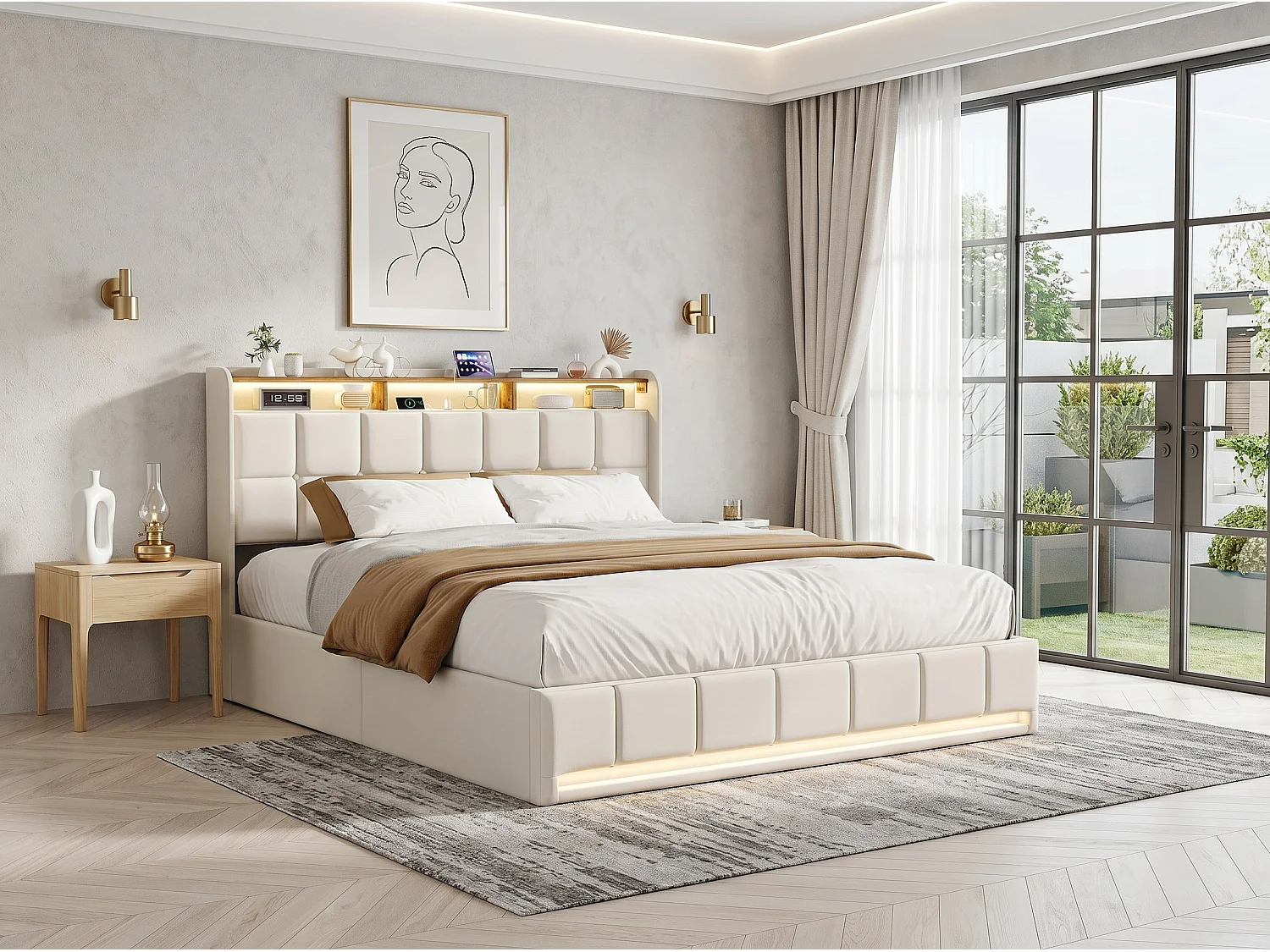 Lit coffre rembourré 160x200 - Lit Double - avec USB + Type-C - avec lumière LED -  Beige (matelas non inclus)