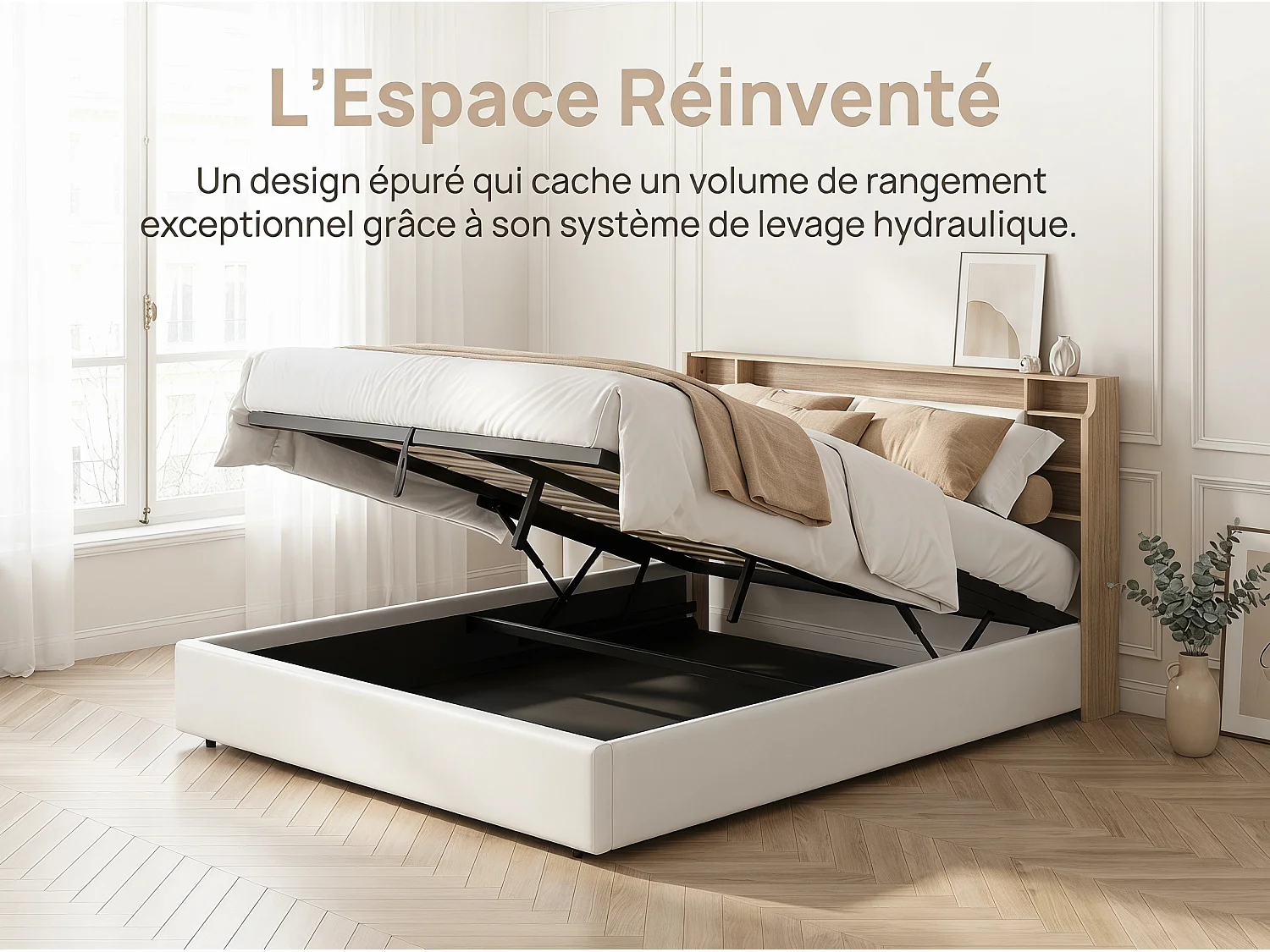 Lit coffre 160x200 cm - Rangement 3 zones - Tête de lit à compartiments avec ouverture rabattable - Sommier à lattes