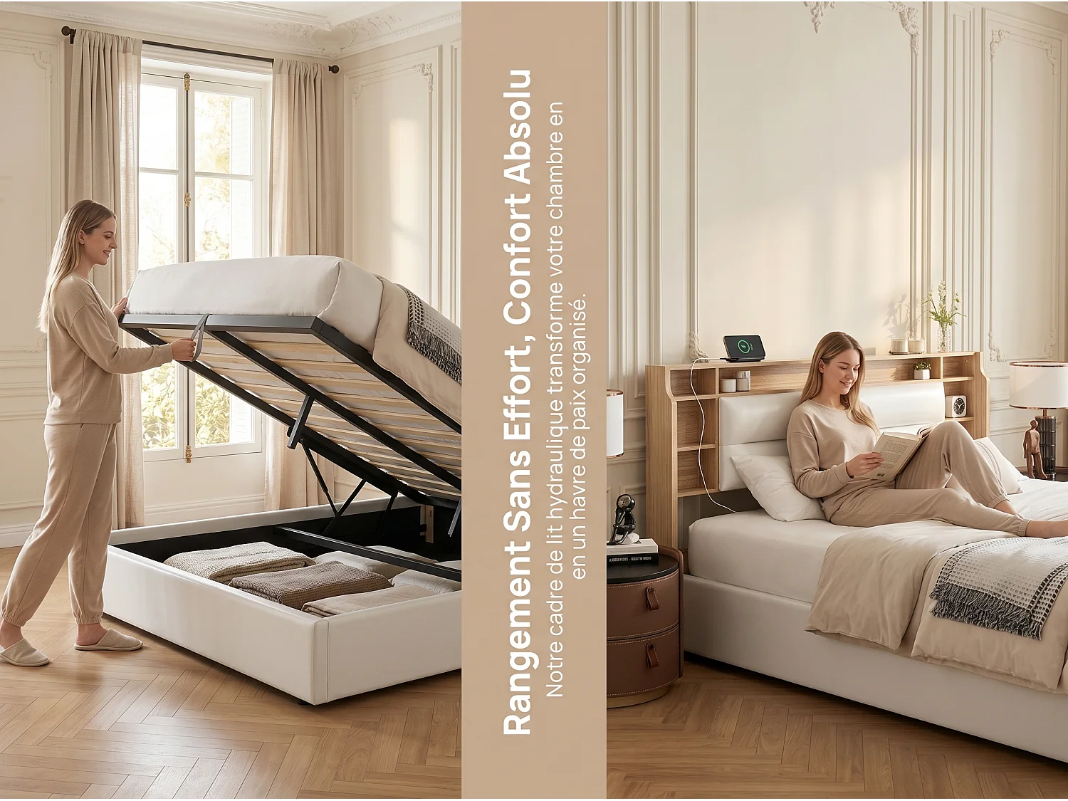 Lit coffre 160x200 cm - Rangement 3 zones - Tête de lit à compartiments avec ouverture rabattable - Sommier à lattes