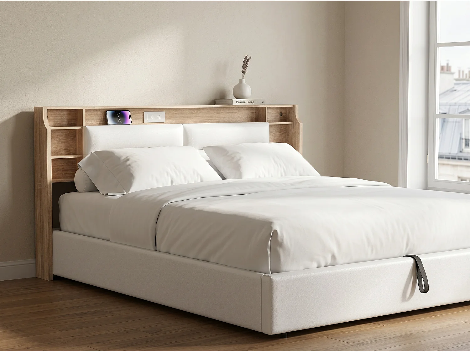 Lit coffre 160x200 cm - Rangement 3 zones - Tête de lit à compartiments avec ouverture rabattable - Sommier à lattes