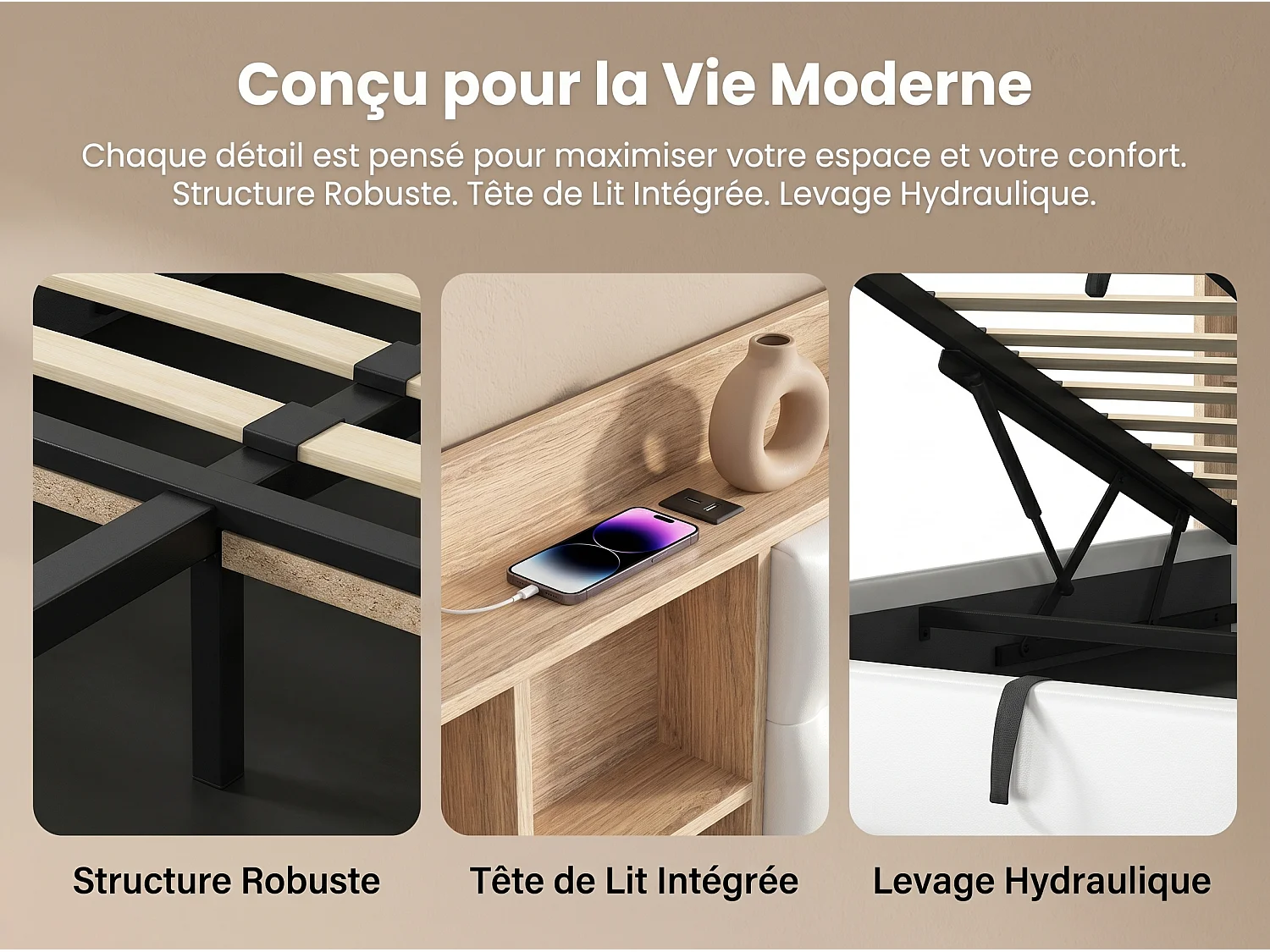 Lit coffre 160x200 cm - Rangement 3 zones - Tête de lit à compartiments avec ouverture rabattable - Sommier à lattes