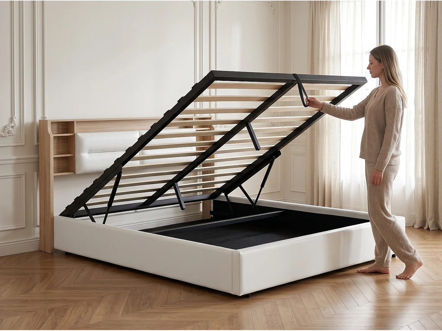 Lit coffre 160x200 cm - Rangement 3 zones - Tête de lit à compartiments avec ouverture rabattable - Sommier à lattes