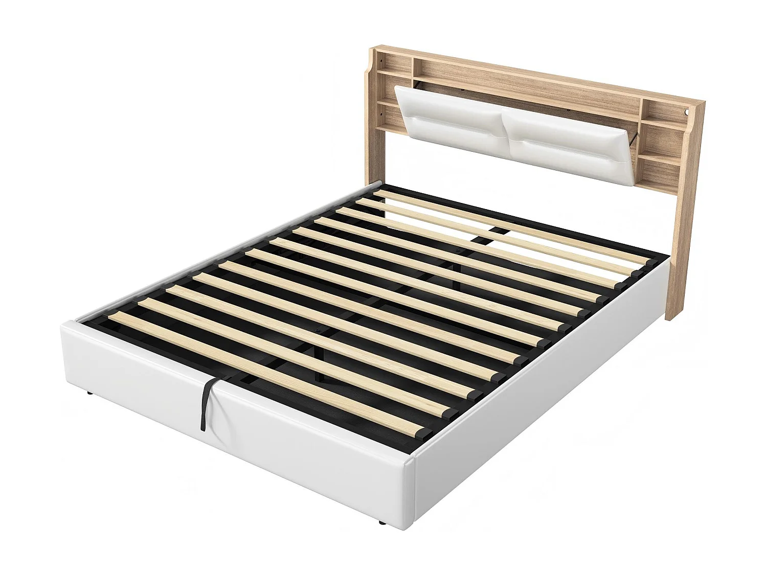 Lit coffre 160x200 cm - Rangement 3 zones - Tête de lit à compartiments avec ouverture rabattable - Sommier à lattes
