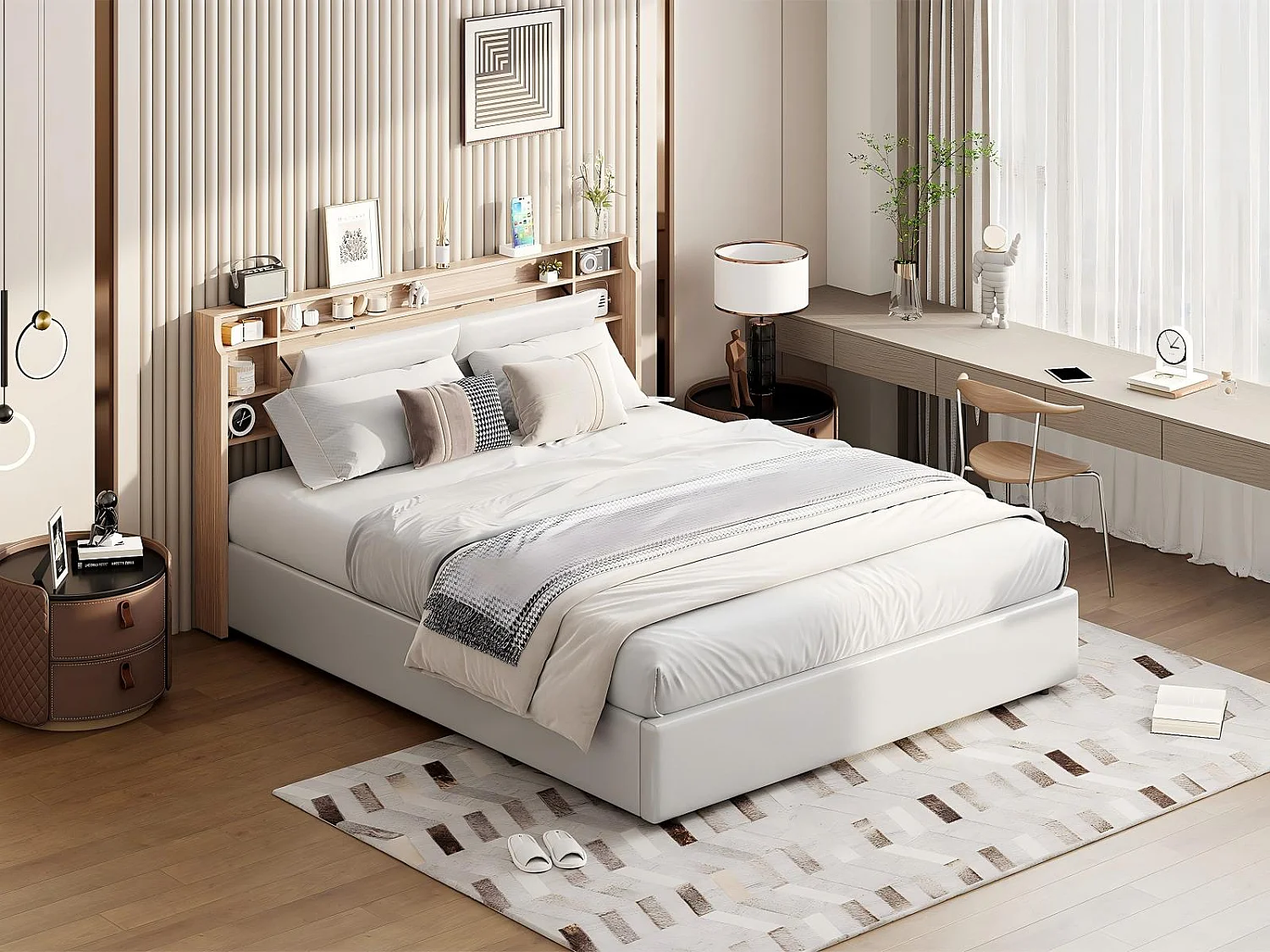 Lit coffre 160x200 cm - Rangement 3 zones - Tête de lit à compartiments avec ouverture rabattable - Sommier à lattes