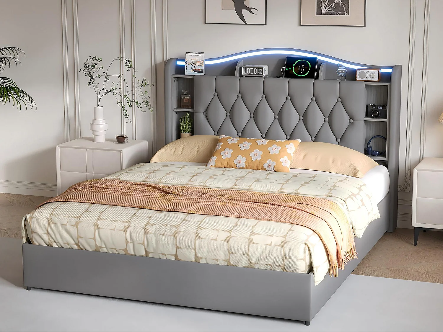 Lit coffre 140x190 cm velours avec LED et USB, tête de lit avec rangement, cadre de lit rembourré, sommier à lattes