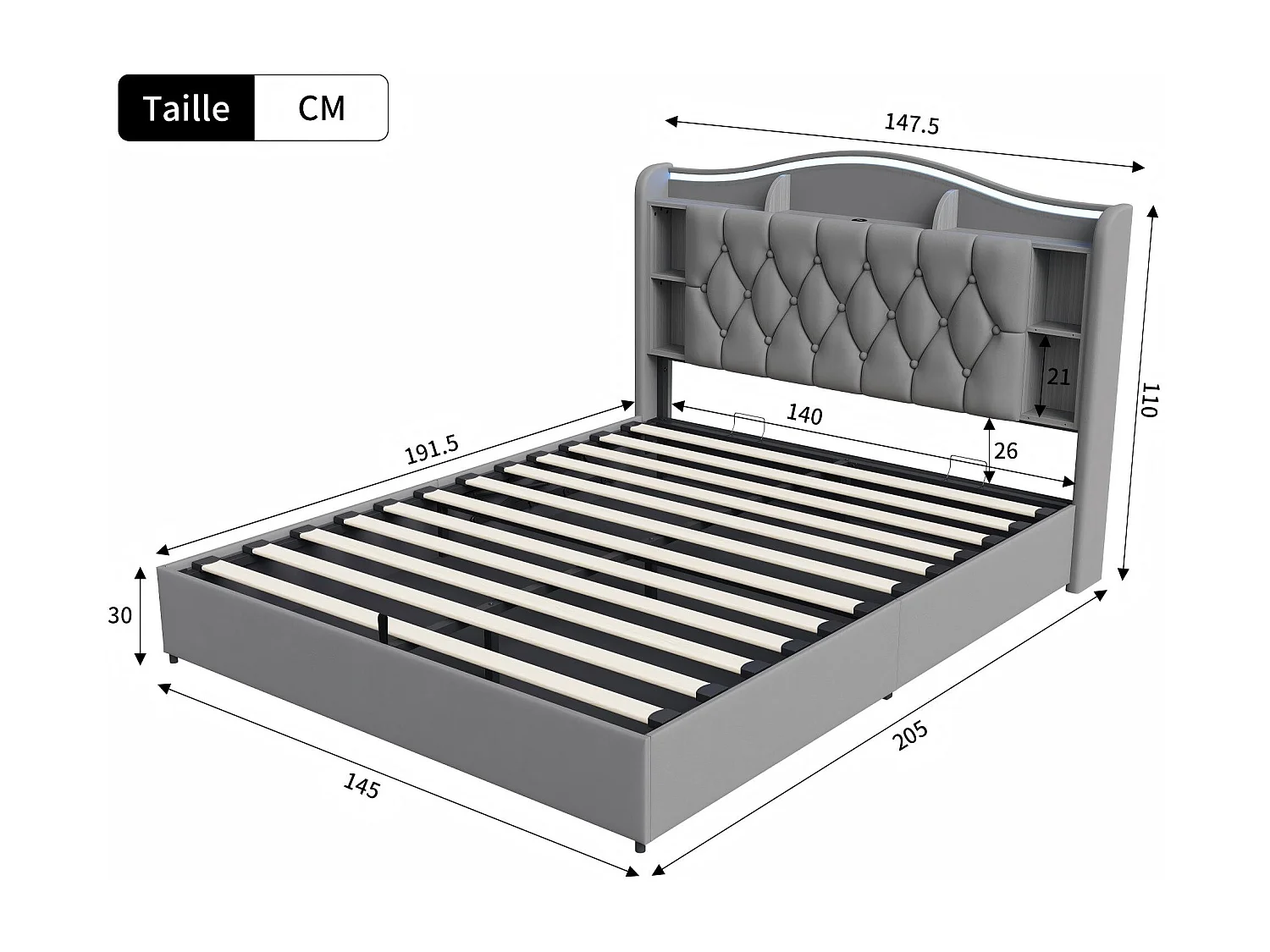 Lit coffre 140x190 cm velours avec LED et USB, tête de lit avec rangement, cadre de lit rembourré, sommier à lattes