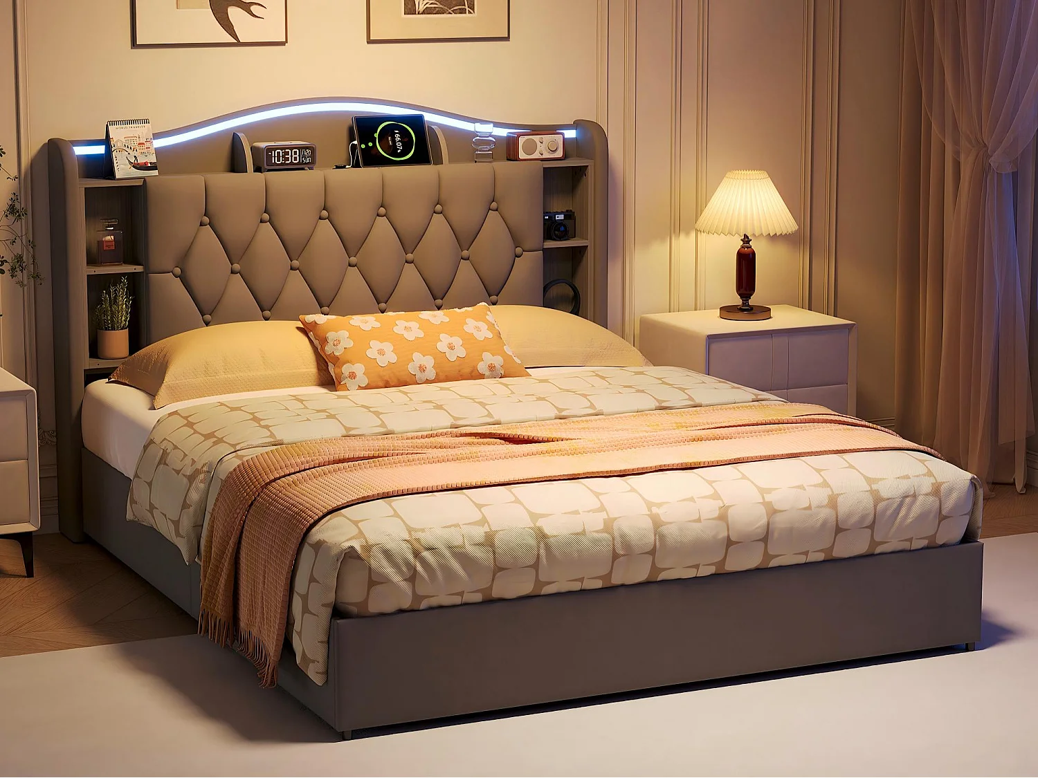 Lit coffre 140x190 cm velours avec LED et USB, tête de lit avec rangement, cadre de lit rembourré, sommier à lattes