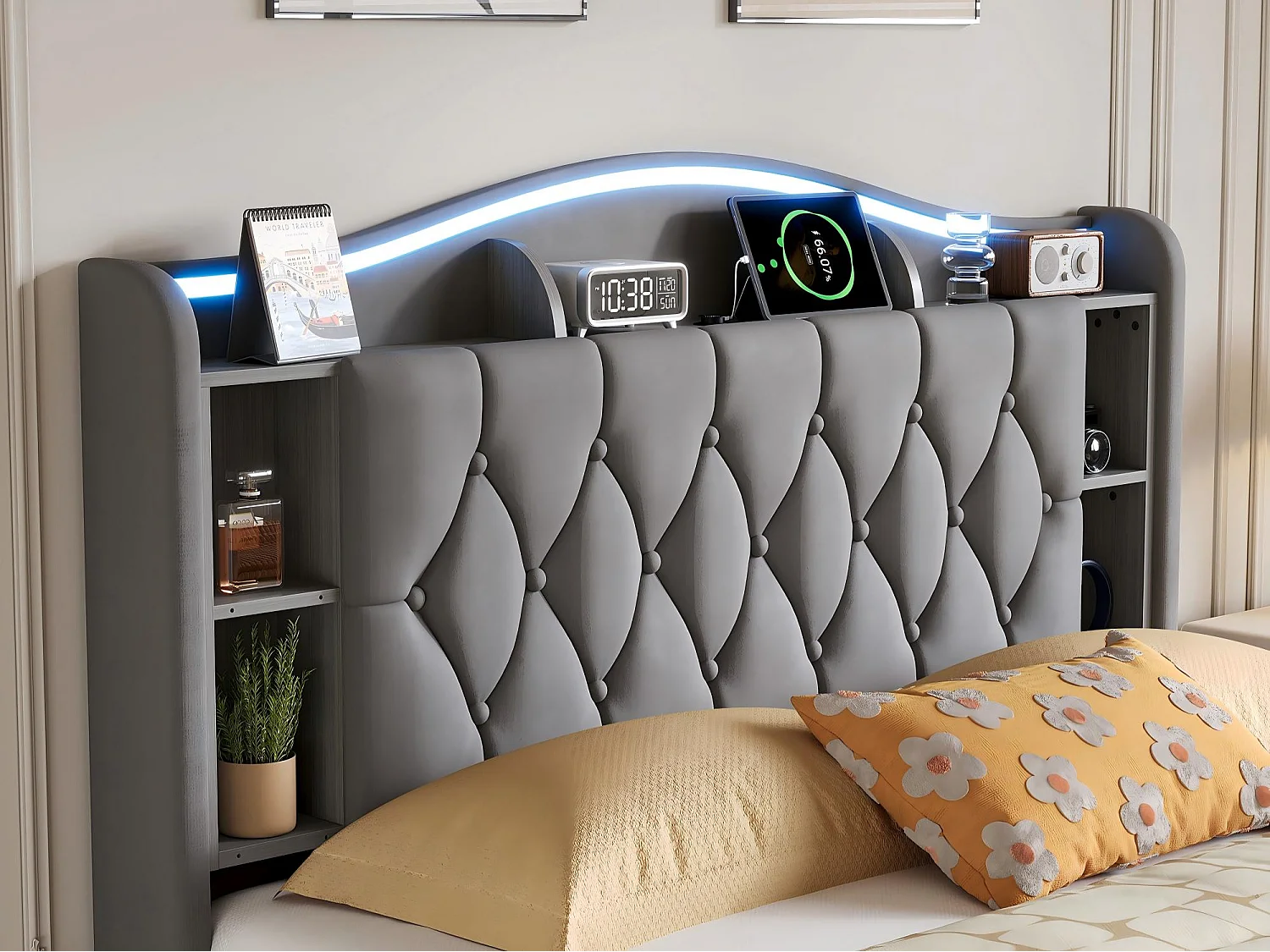 Lit coffre 140x190 cm velours avec LED et USB, tête de lit avec rangement, cadre de lit rembourré, sommier à lattes