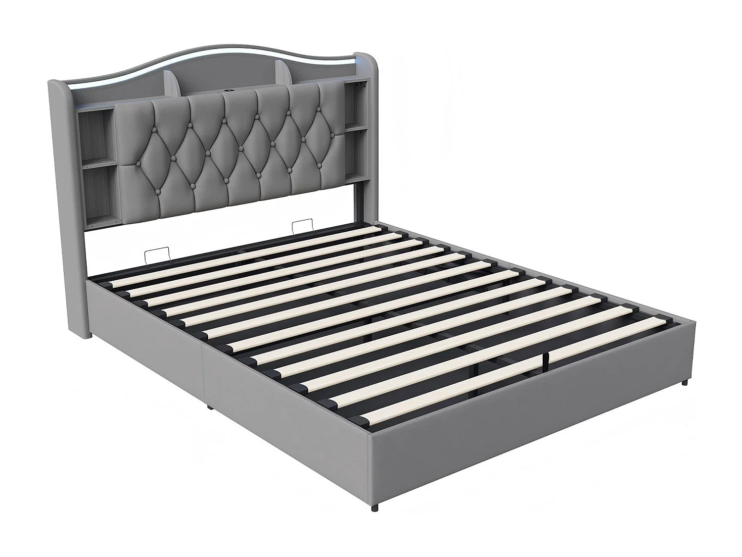 Lit coffre 140x190 cm velours avec LED et USB, tête de lit avec rangement, cadre de lit rembourré, sommier à lattes