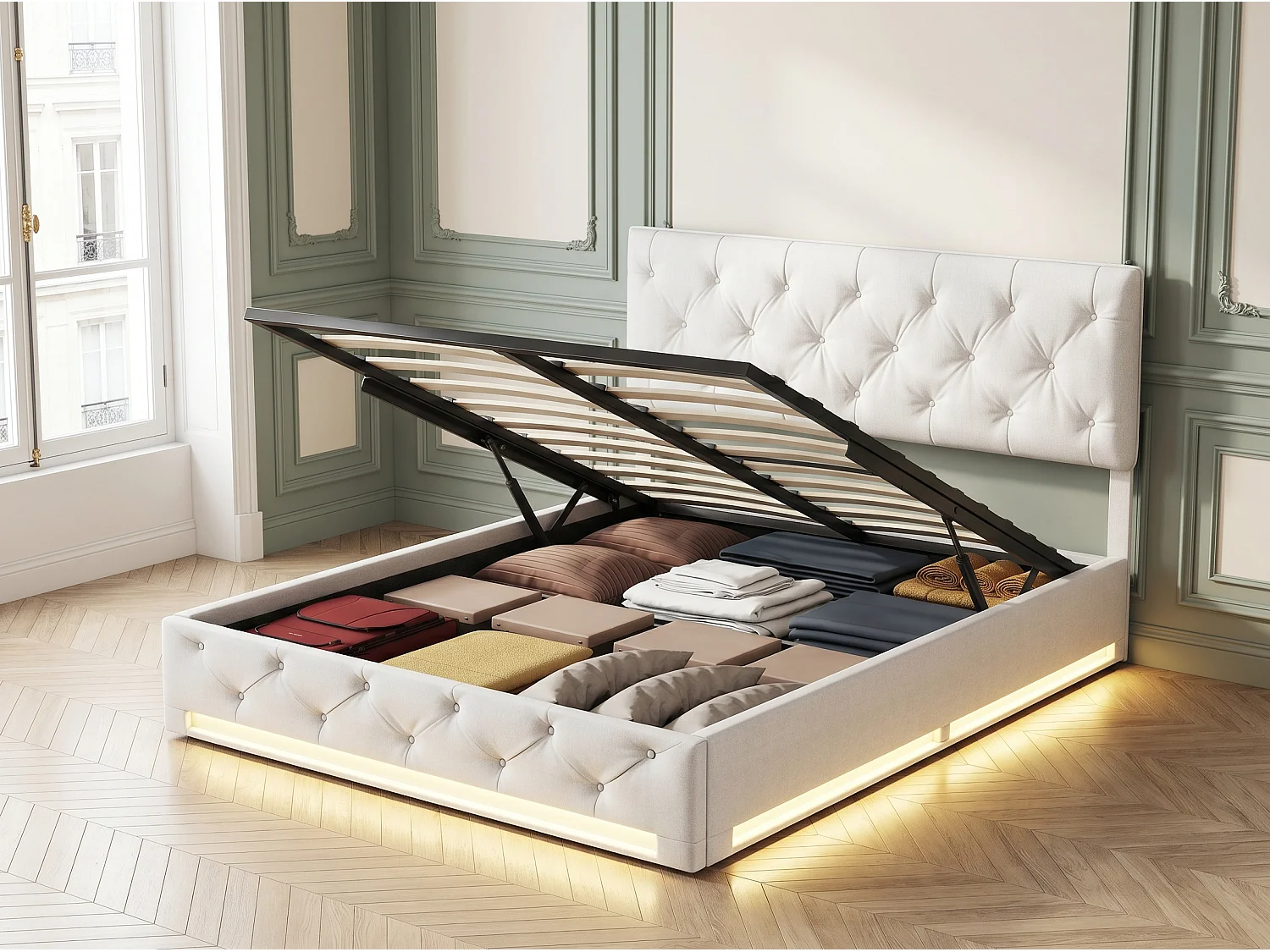 Lit coffre rembourré 140x200 cm - LED intégrée - Rangement hydraulique - Structure renforcée 450 kg - Sommier à lattes
