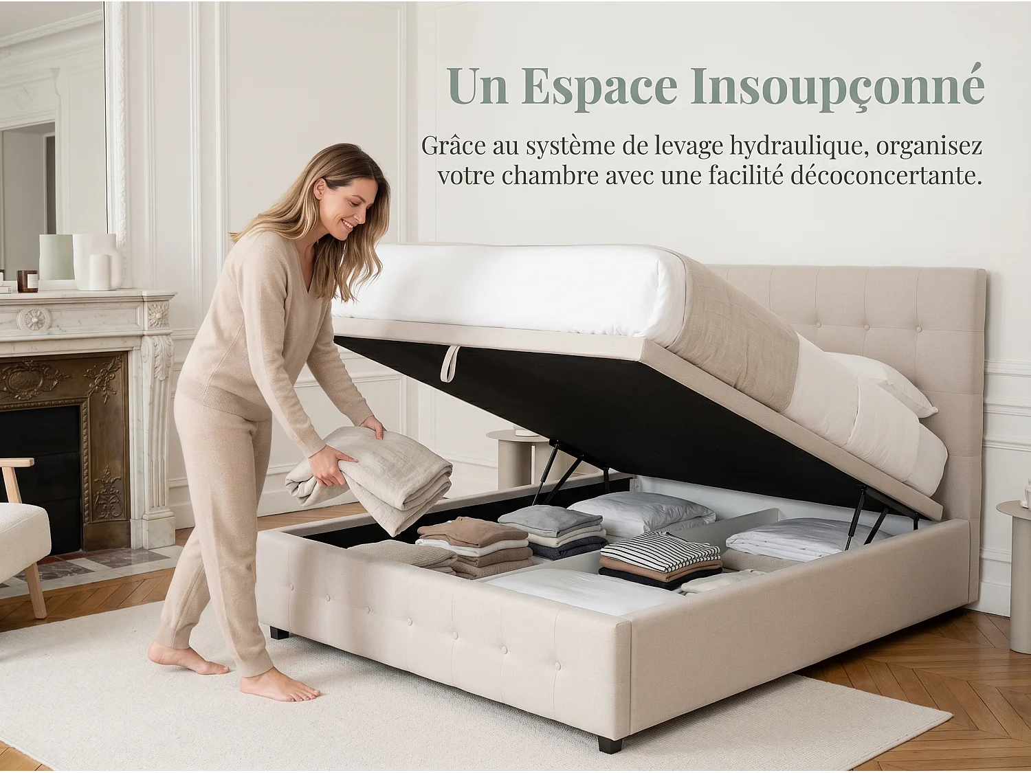 Lit coffre rembourré 140x200 cm - LED intégrée - Rangement hydraulique - Structure renforcée 450 kg - Sommier à lattes