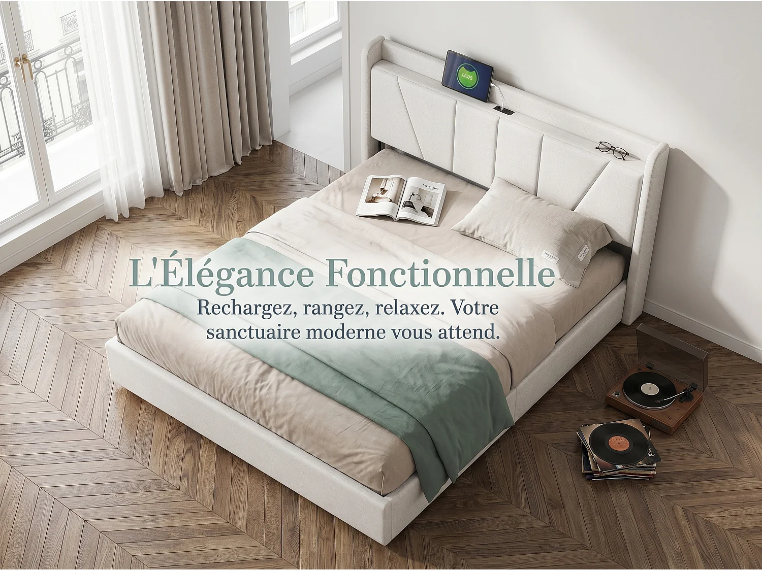 Lit coffre rembourré 160x200 cm - Ports USB + Type-C - Tête de lit avec étagère - Sommier relevable - Grand rangement