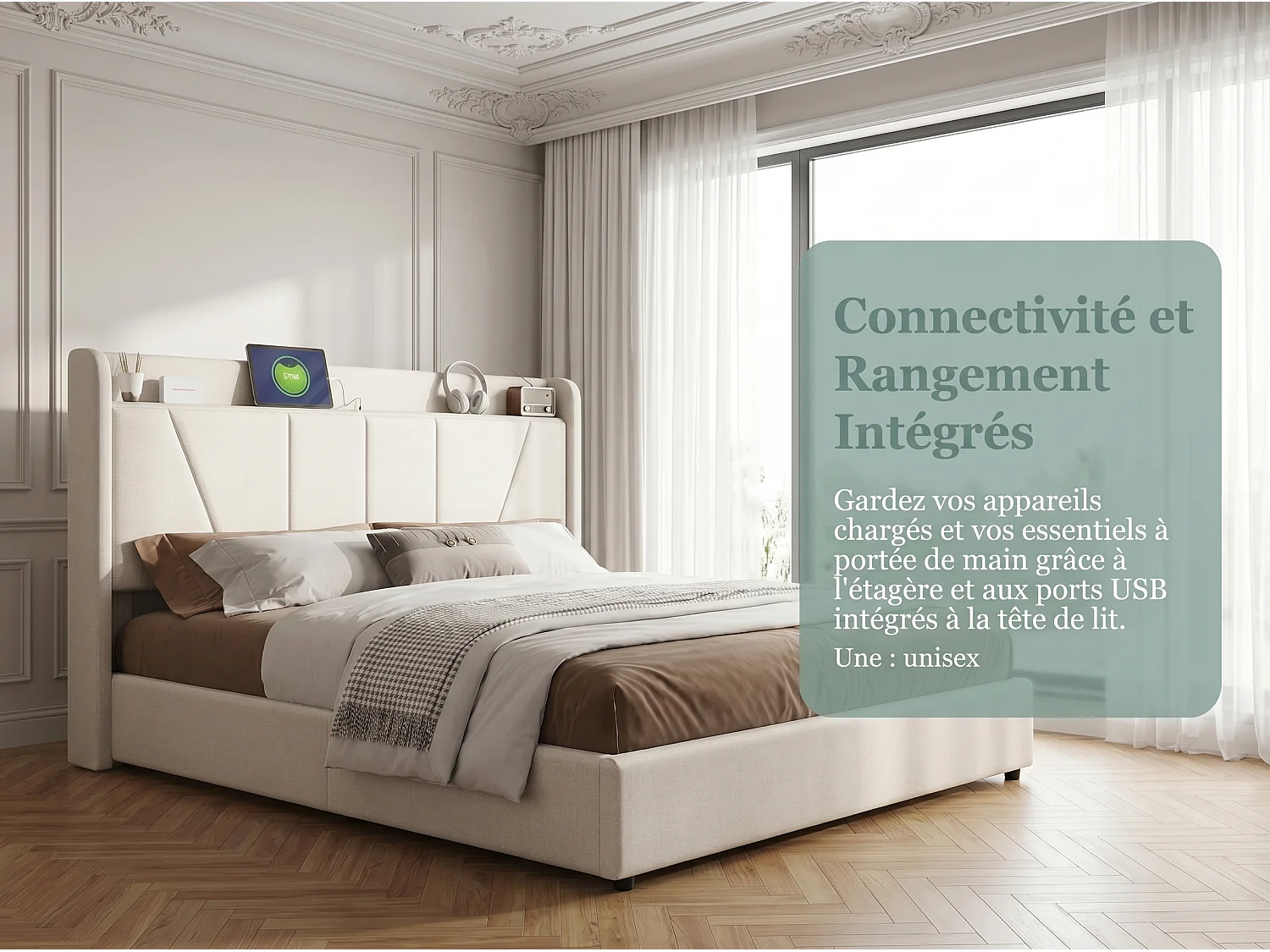 Lit coffre rembourré 160x200 cm - Ports USB + Type-C - Tête de lit avec étagère - Sommier relevable - Grand rangement