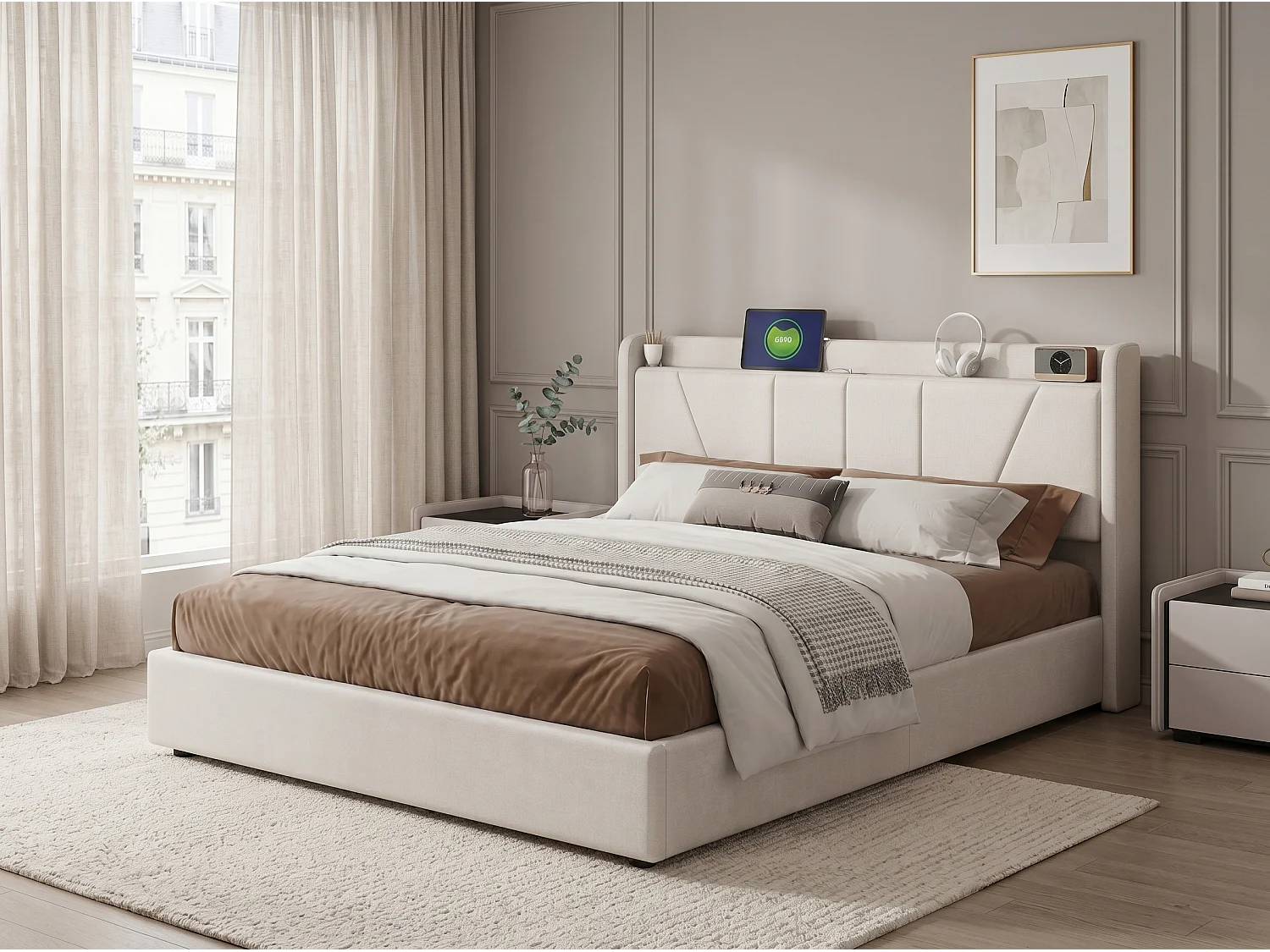 Lit coffre rembourré 160x200 cm - Ports USB + Type-C - Tête de lit avec étagère - Sommier relevable - Grand rangement