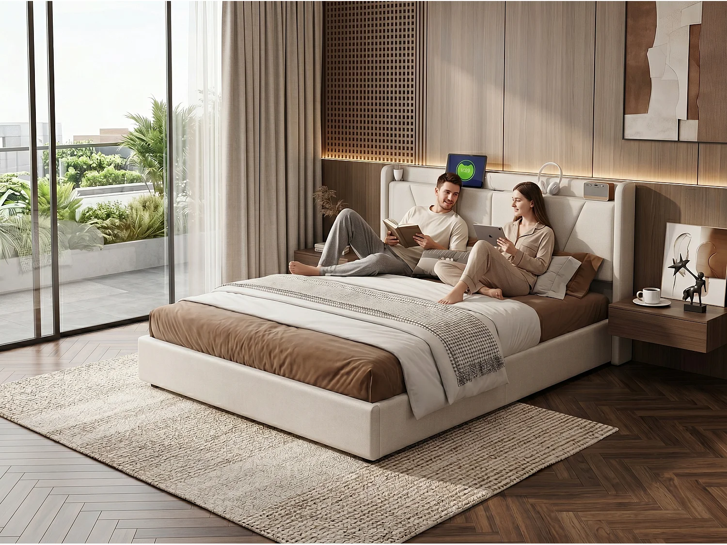 Lit coffre rembourré 160x200 cm - Ports USB + Type-C - Tête de lit avec étagère - Sommier relevable
