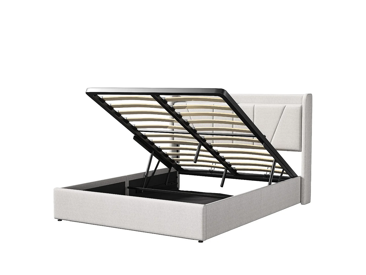 Lit coffre rembourré 160x200 cm - Ports USB + Type-C - Tête de lit avec étagère - Sommier relevable