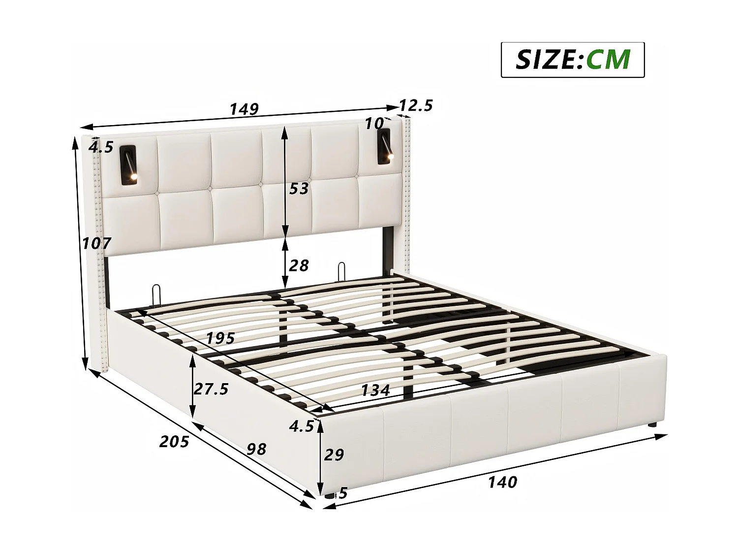 Lit coffre 140x200 cm avec lampes intégrées, cadre de lit capitonné avec rangement, sommier à lattes, design moderne
