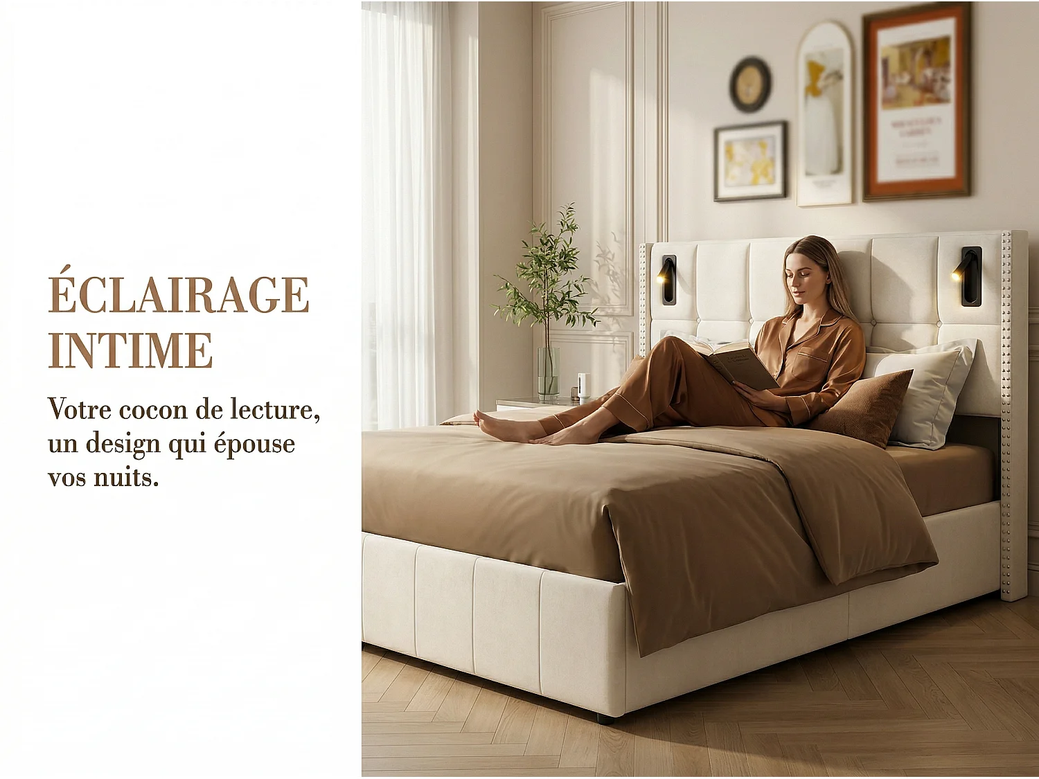 Lit coffre 140x200 cm avec lampes intégrées, cadre de lit capitonné avec rangement, sommier à lattes, design moderne