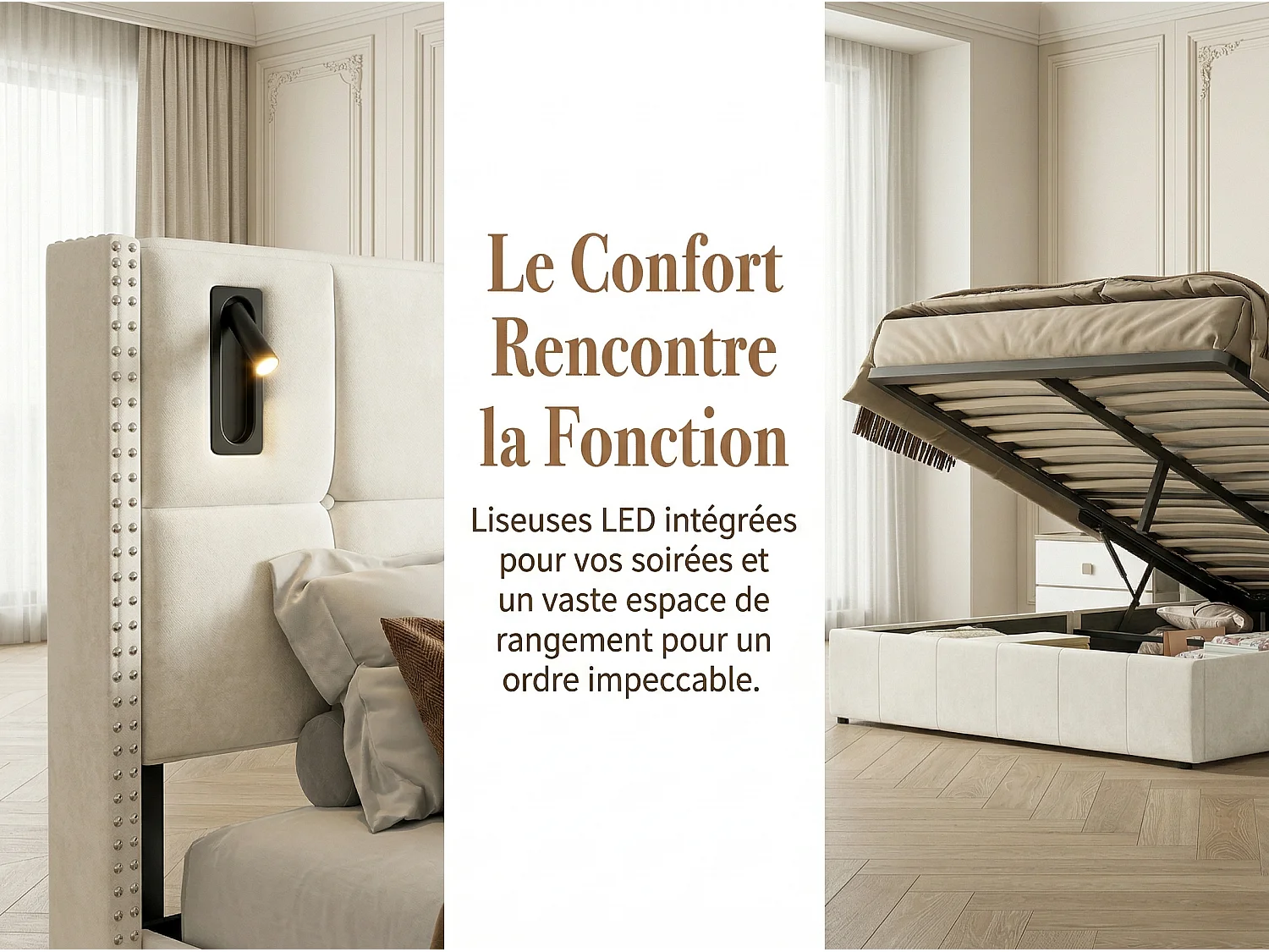 Lit coffre 140x200 cm avec lampes intégrées, cadre de lit capitonné avec rangement, sommier à lattes, design moderne