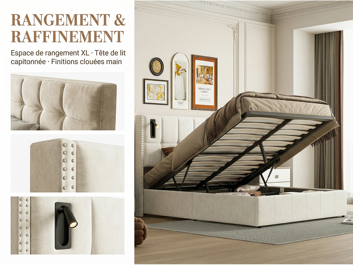 Lit coffre 140x200 cm avec lampes intégrées, cadre de lit capitonné avec rangement, sommier à lattes, design moderne