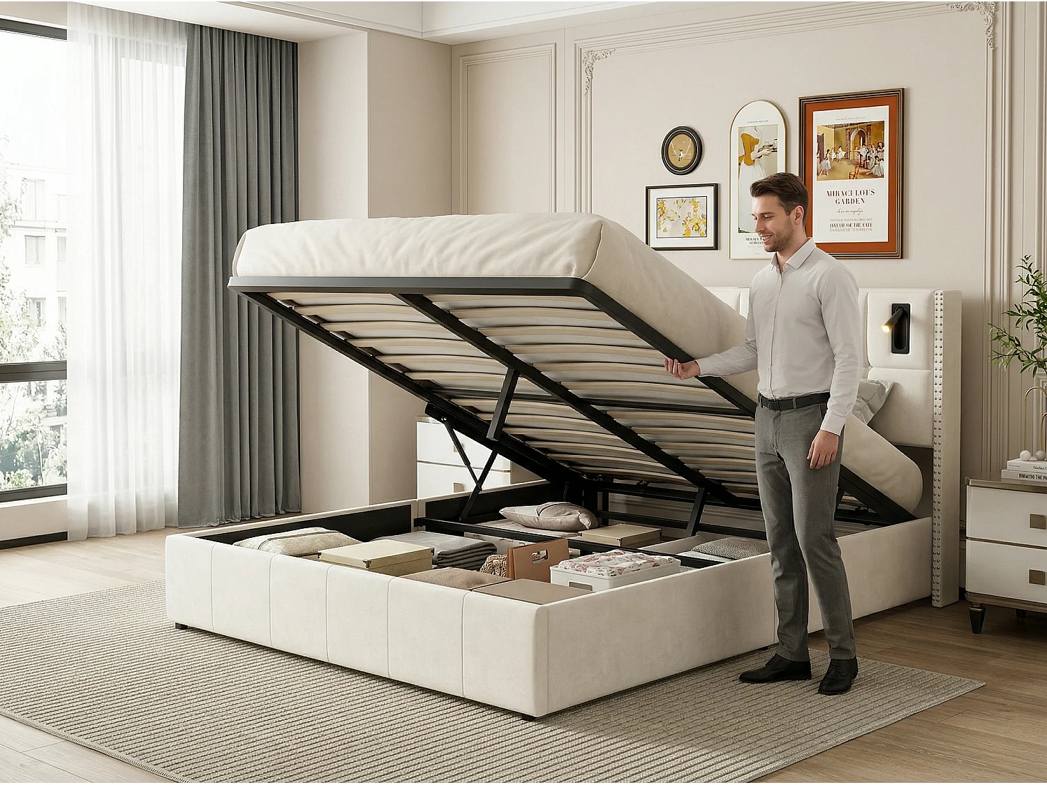 Lit coffre 140x200 cm avec lampes intégrées, cadre de lit capitonné avec rangement, sommier à lattes, design moderne