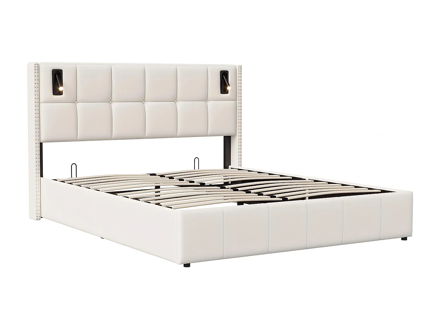 Lit coffre 140x200 cm avec lampes intégrées, cadre de lit capitonné avec rangement, sommier à lattes, design moderne