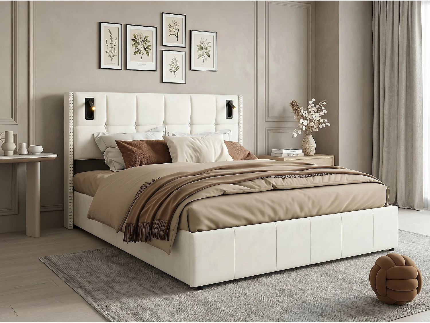 Lit coffre 140x200 cm avec lampes intégrées, cadre de lit capitonné avec rangement, sommier à lattes, design moderne