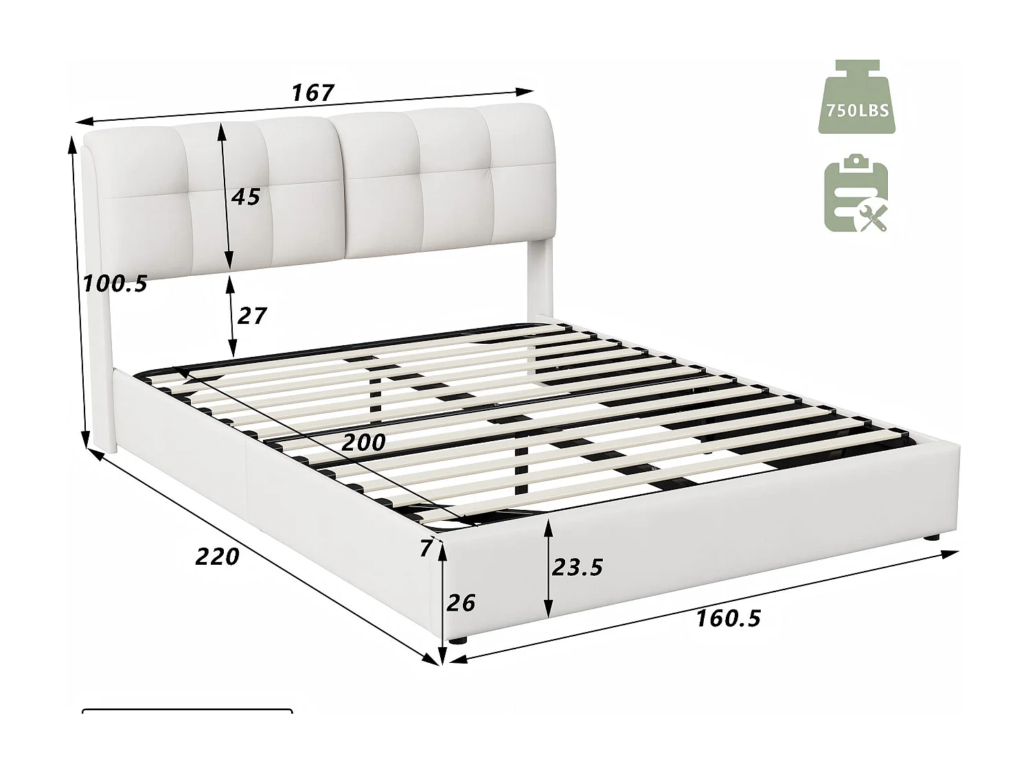 Lit coffre 160x200 cm beige - avec tête de lit rembourrée, lit double avec sommier relevable