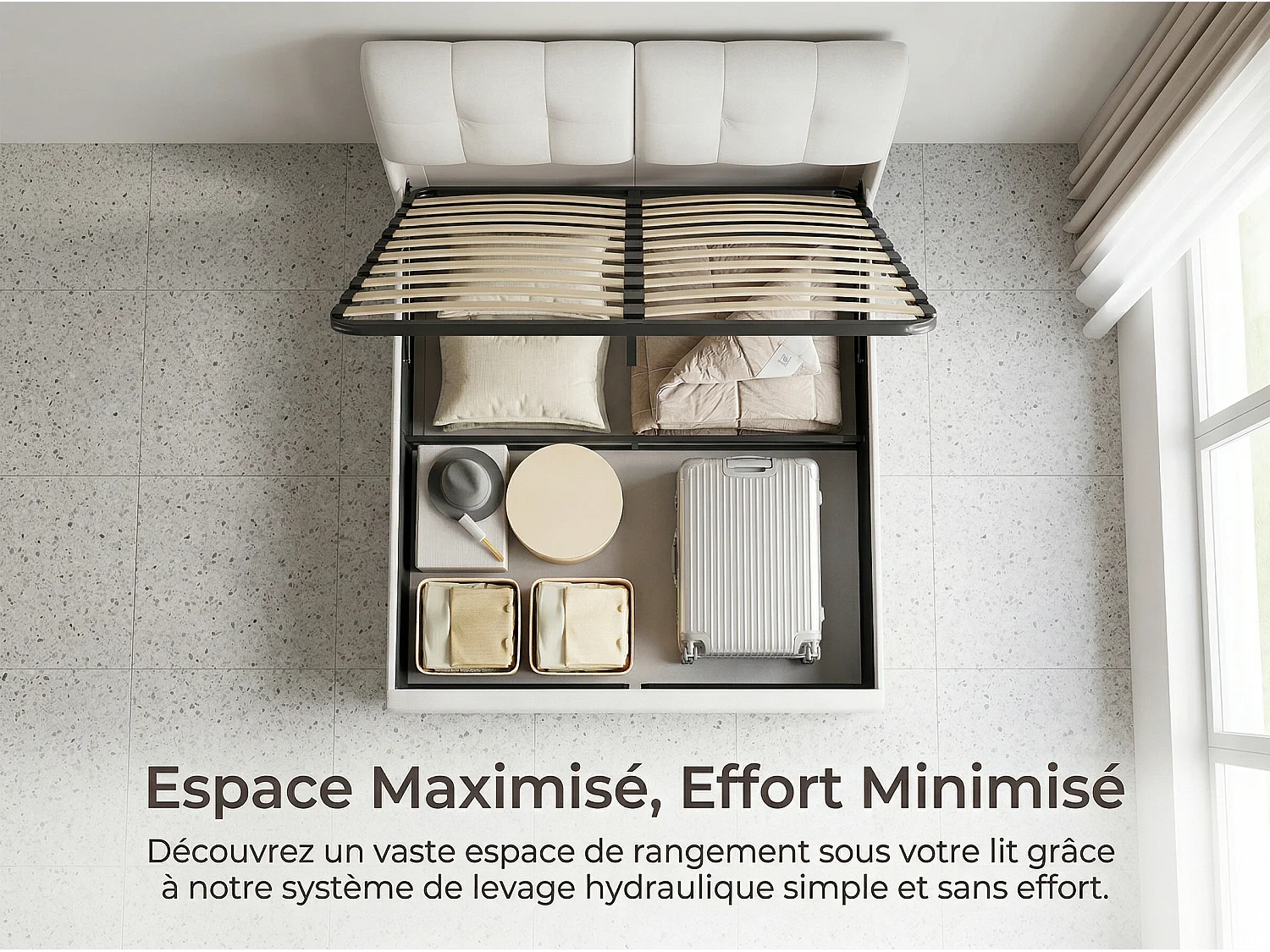 Lit coffre 160x200 cm beige - avec tête de lit rembourrée, lit double avec sommier relevable