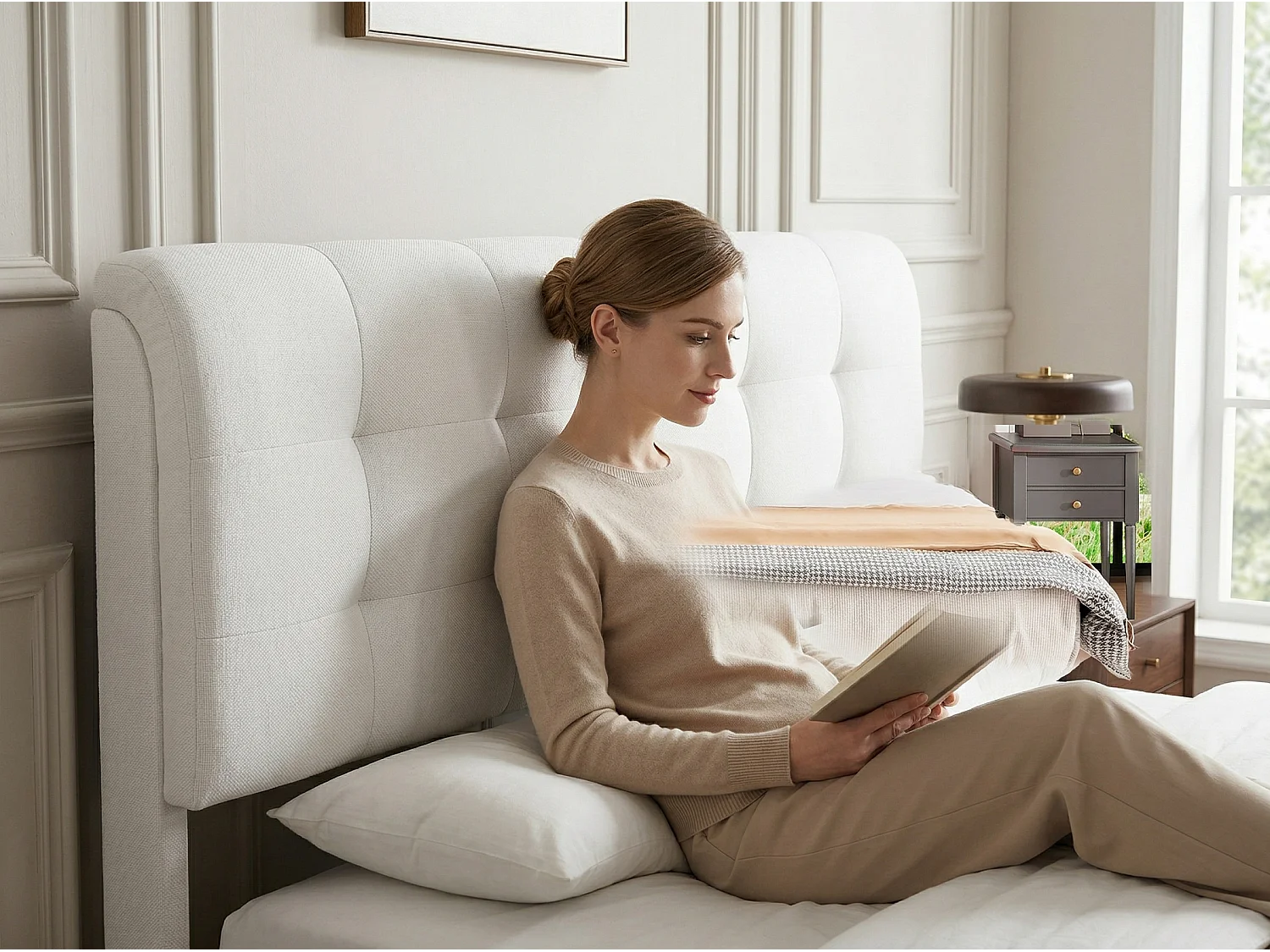 Lit coffre 160x200 cm beige - avec tête de lit rembourrée, lit double avec sommier relevable