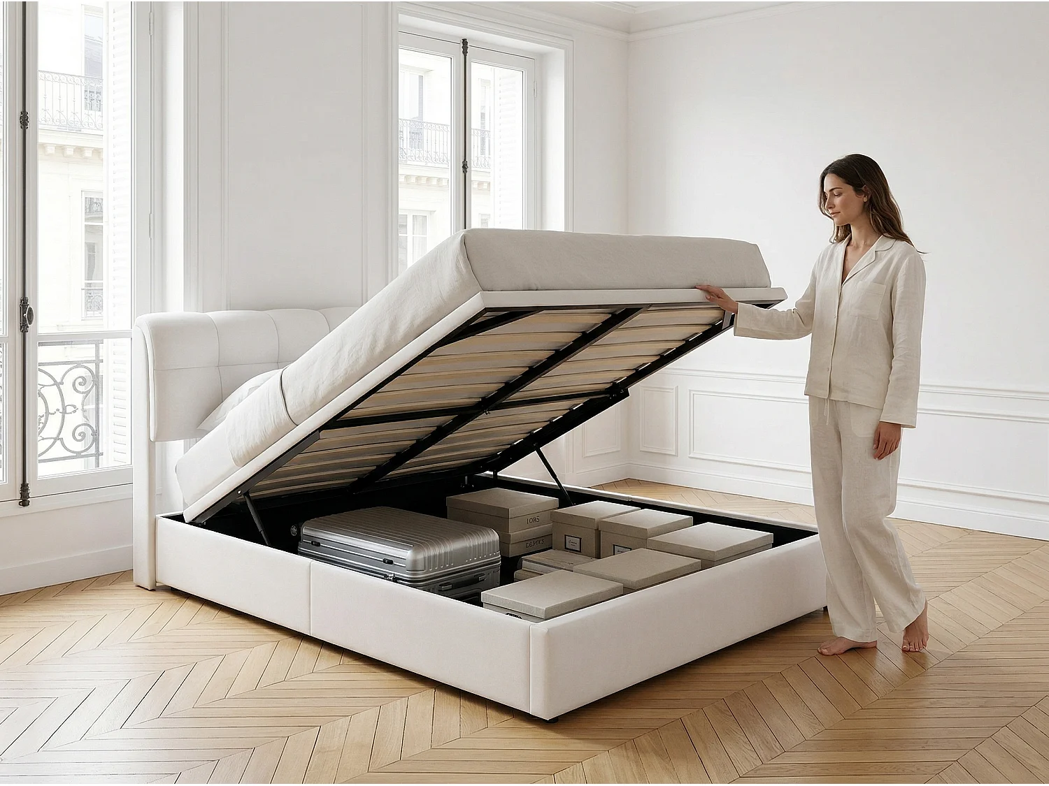 Lit coffre 160x200 cm beige - avec tête de lit rembourrée, lit double avec sommier relevable