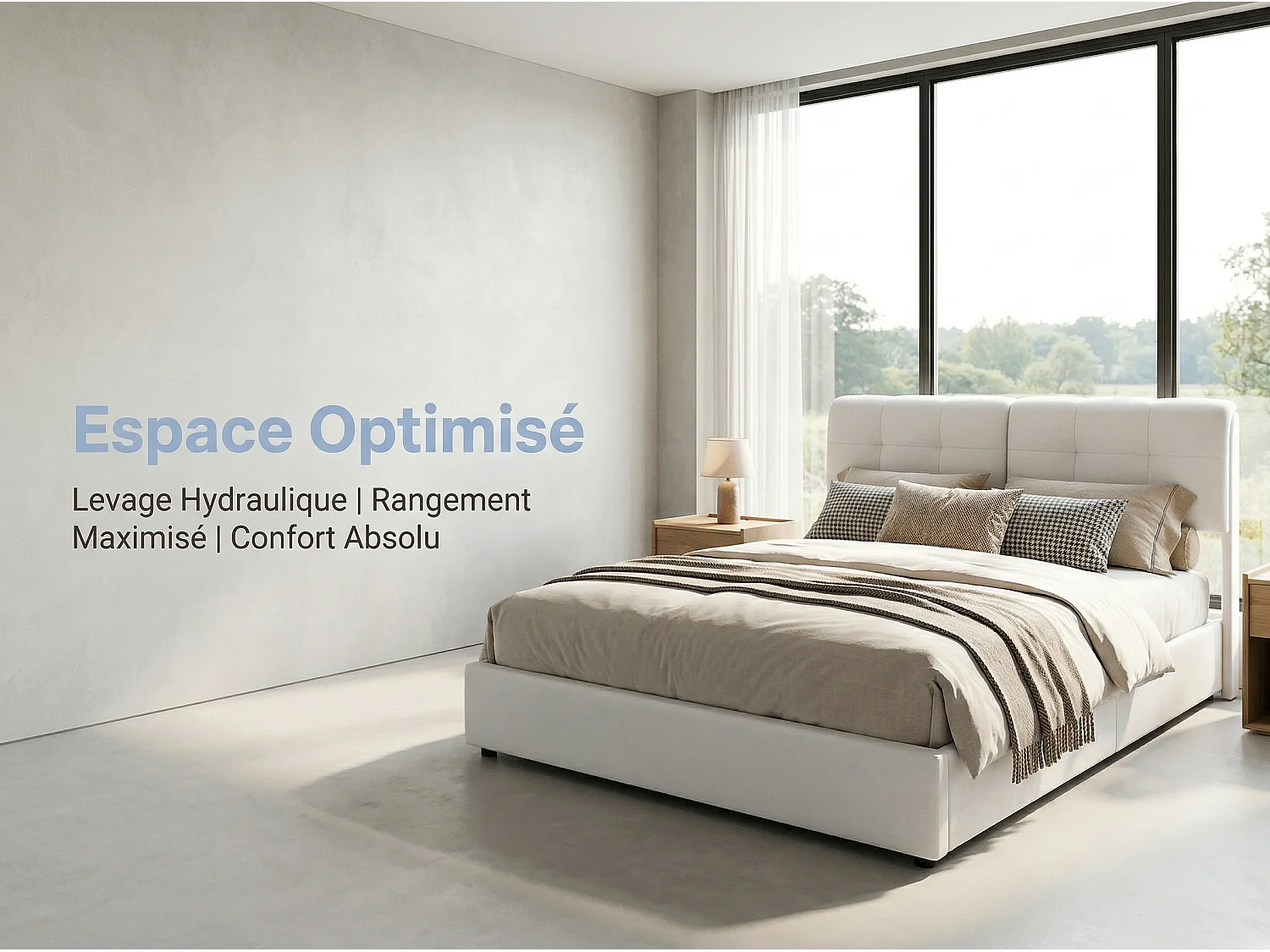 Lit coffre 160x200 cm beige - avec tête de lit rembourrée, lit double avec sommier relevable