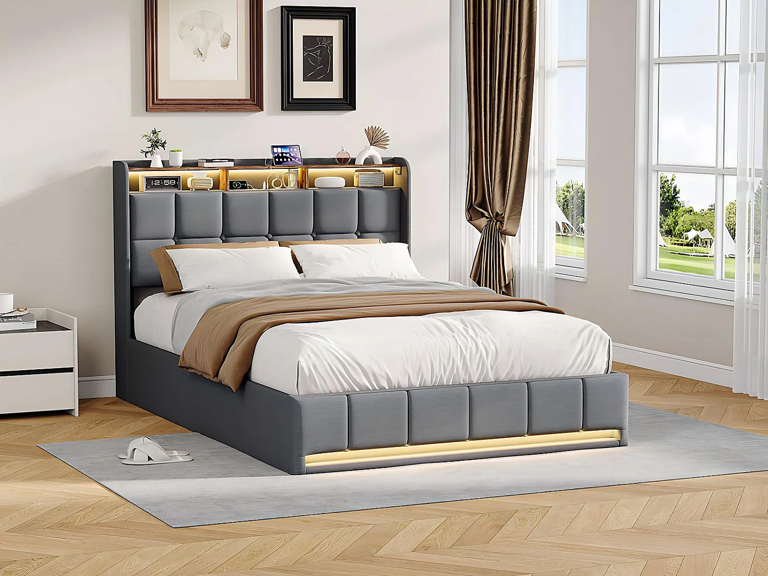 Lit coffre tissu lin avec LED et USB Type-C, lit double avec rangement tête de lit, design moderne