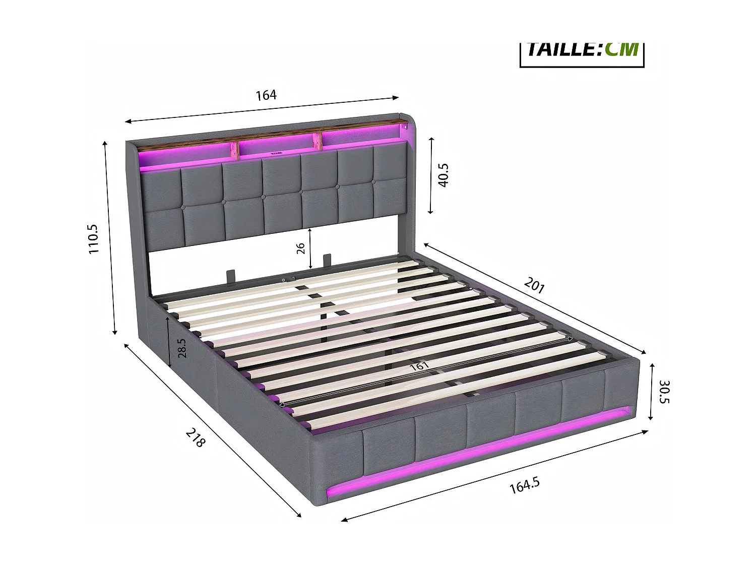 Lit coffre tissu lin avec LED et USB Type-C, lit double avec rangement tête de lit, design moderne