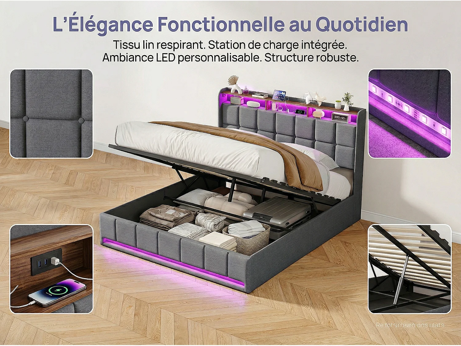 Lit coffre tissu lin avec LED et USB Type-C, lit double avec rangement tête de lit, design moderne