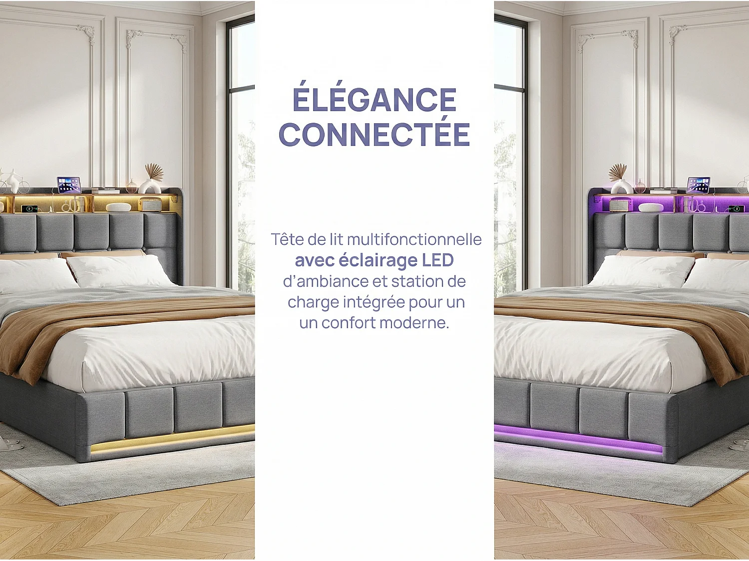 Lit coffre tissu lin avec LED et USB Type-C, lit double avec rangement tête de lit, design moderne