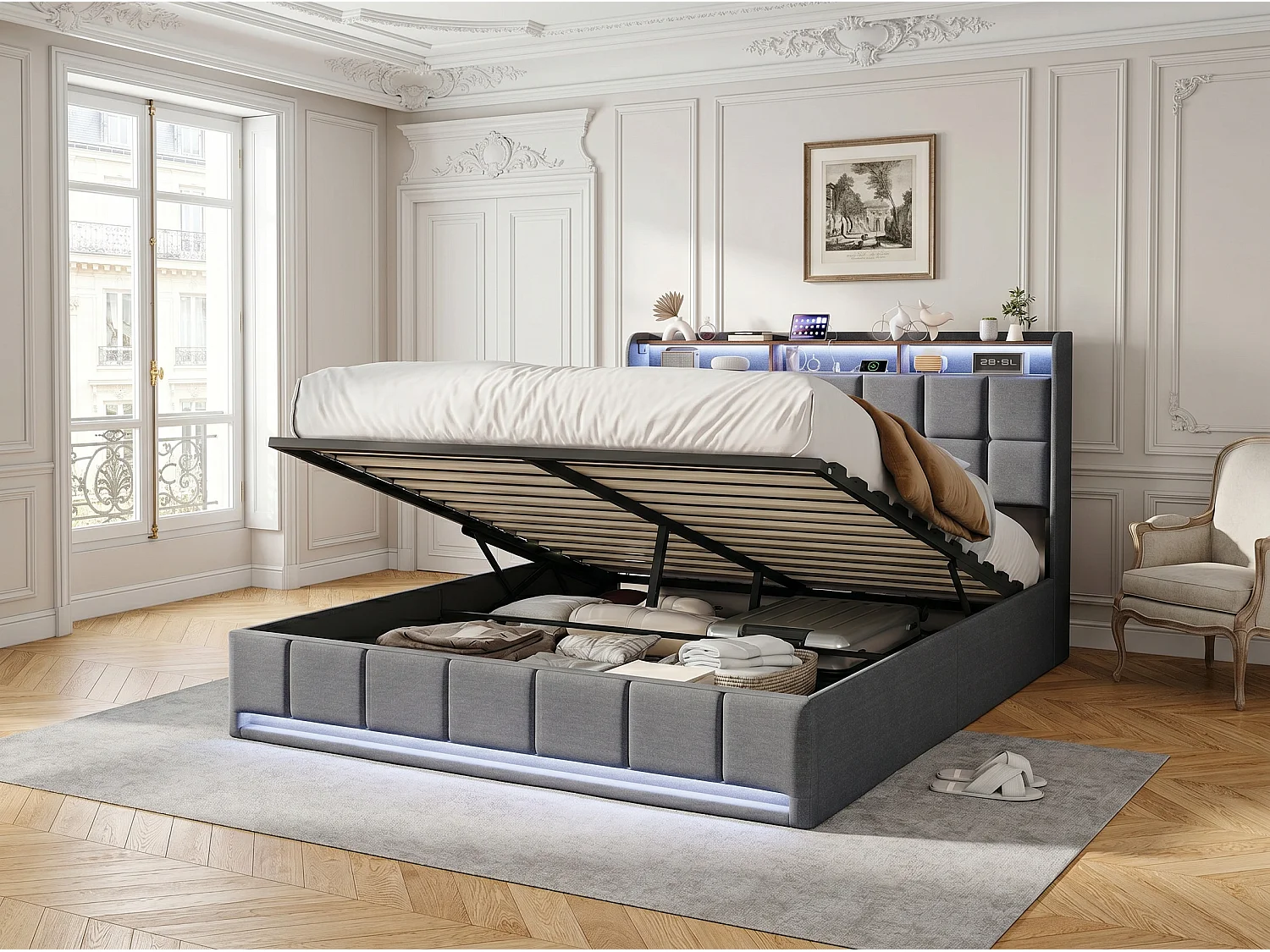 Lit coffre 160x200 cm gris avec LED USB, tête de lit rangement et sommier à lattes, lit double rembourré