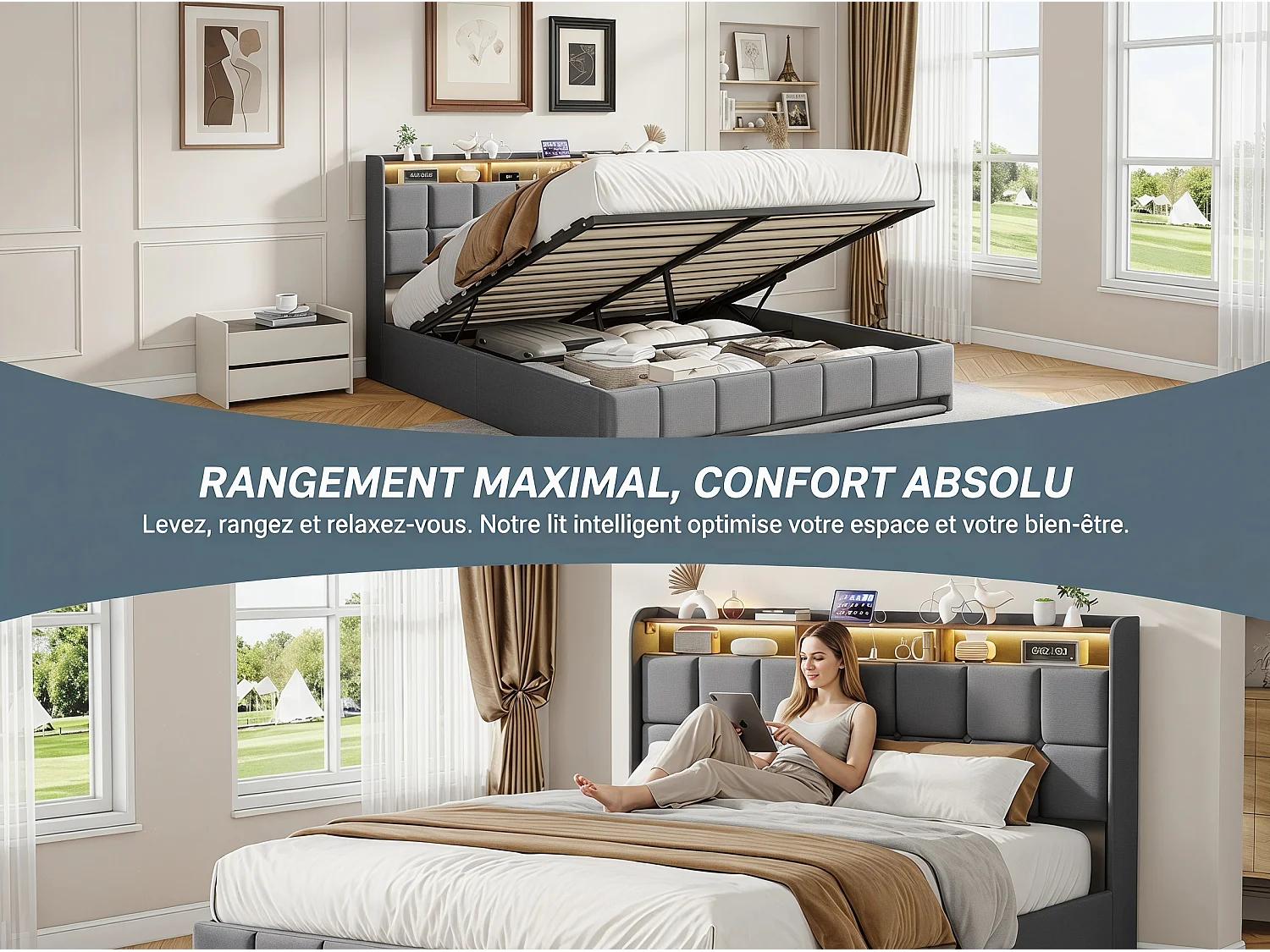 Lit coffre 160x200 cm gris avec LED USB, tête de lit rangement et sommier à lattes, lit double rembourré