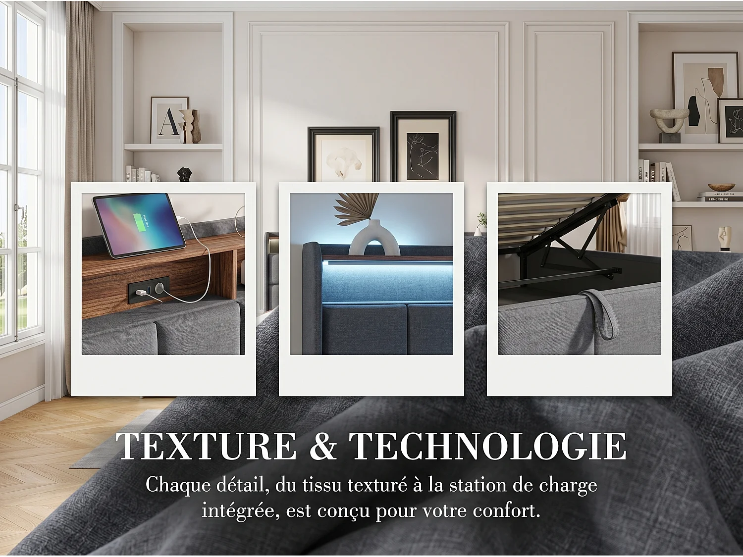 Lit coffre 160x200 cm gris avec LED USB, tête de lit rangement et sommier à lattes, lit double rembourré