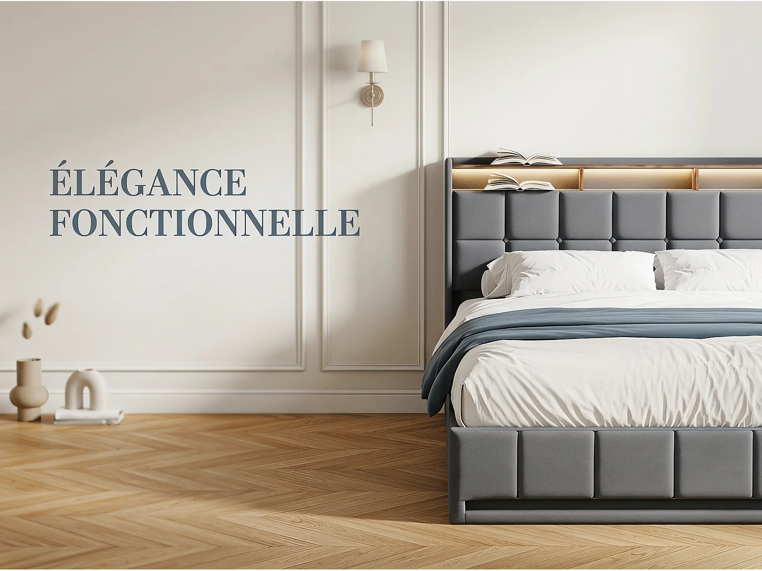 Lit coffre 160x200 cm gris avec LED USB, tête de lit rangement et sommier à lattes, lit double rembourré