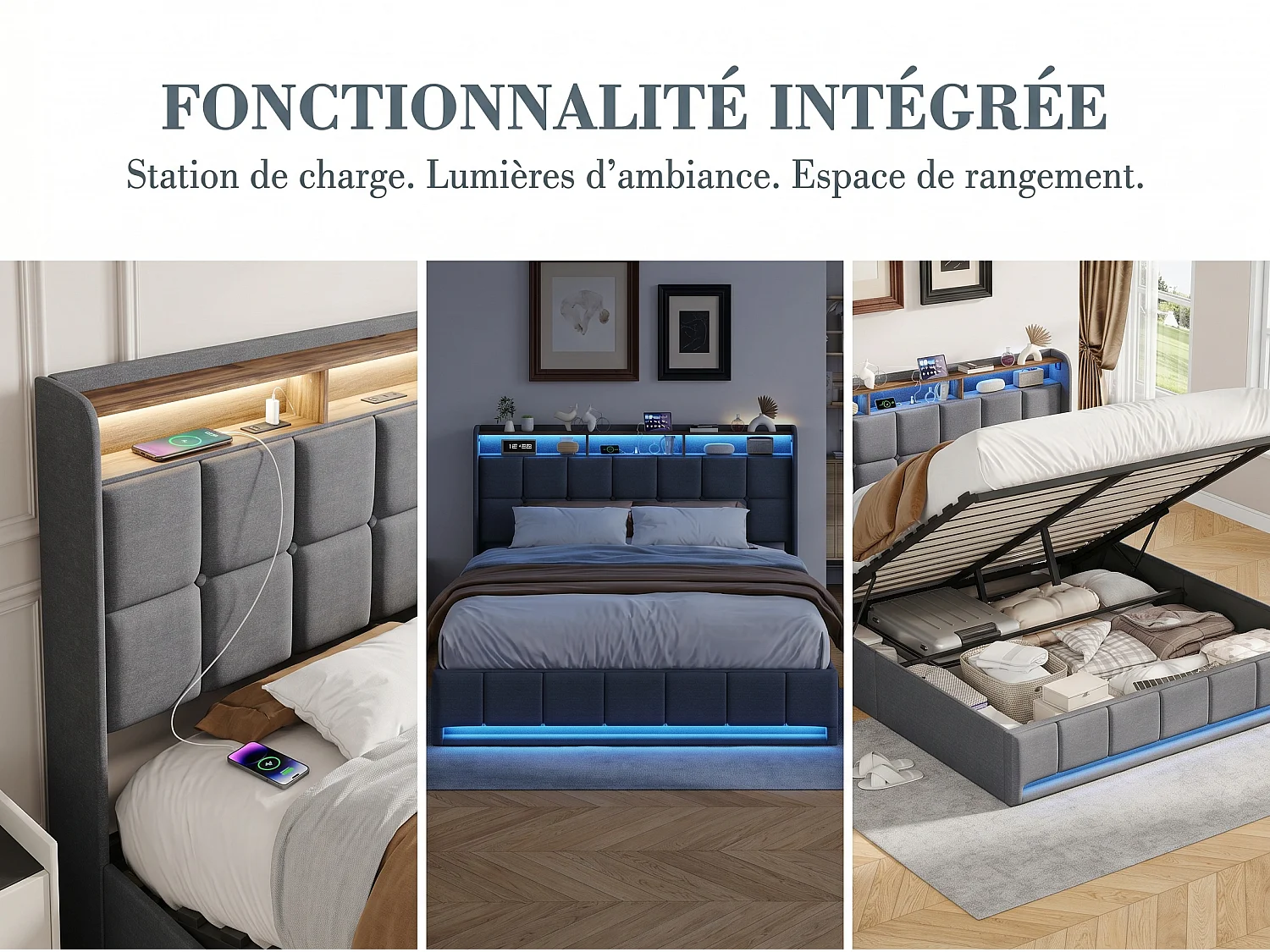 Lit coffre 160x200 cm gris avec LED USB, tête de lit rangement et sommier à lattes, lit double rembourré