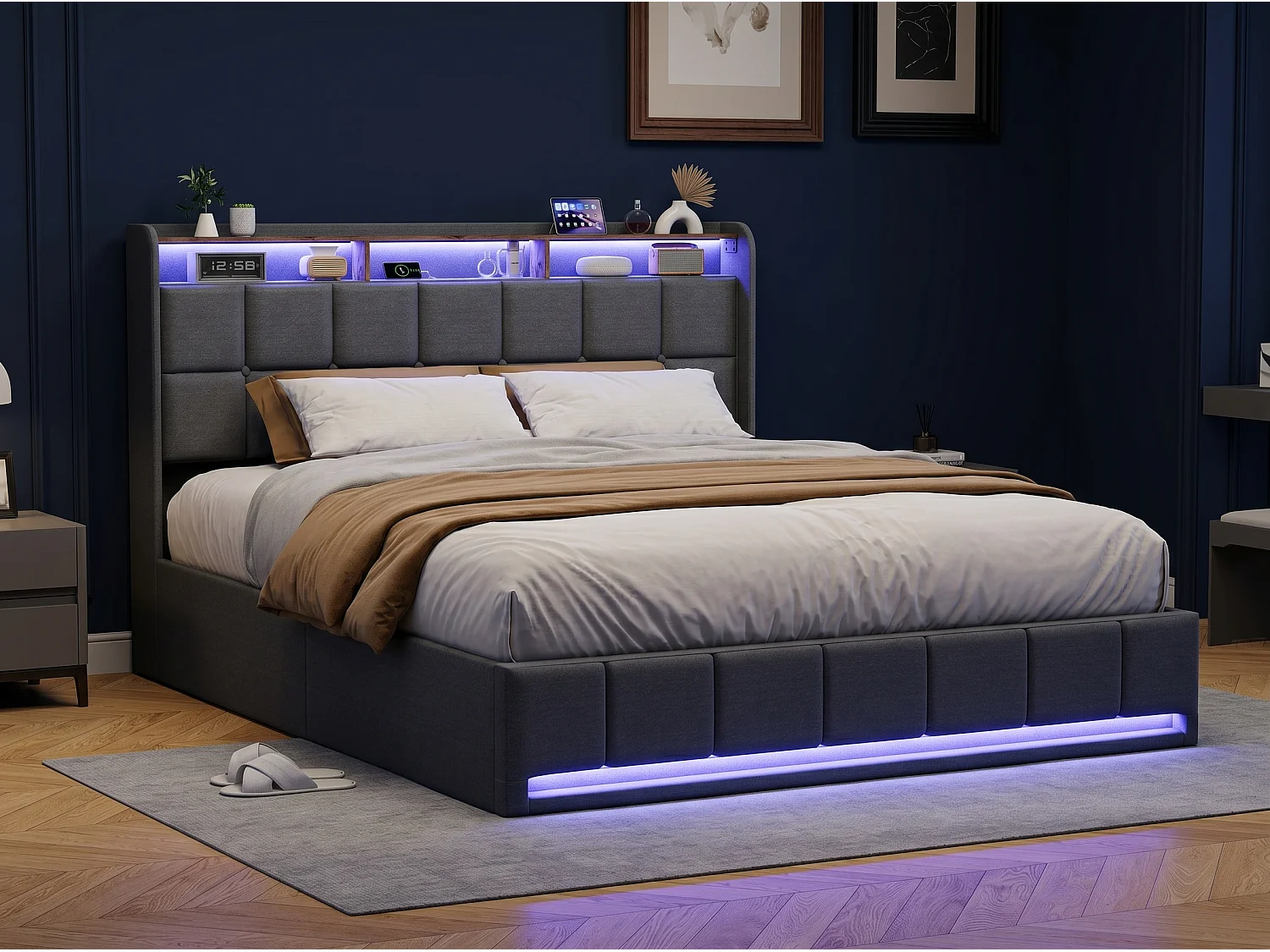 Lit coffre 160x200 cm gris avec LED USB, tête de lit rangement et sommier à lattes, lit double rembourré