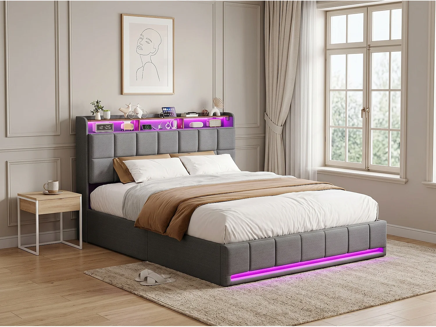 Lit coffre 160x200 cm gris avec LED USB, tête de lit rangement et sommier à lattes, lit double rembourré