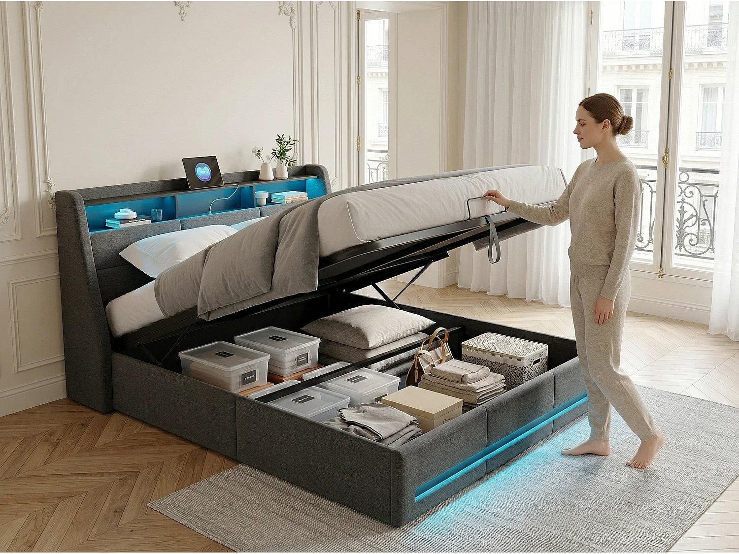 Lit coffre 160x200 cm - LED RGB intégrée - Lit tissu gris - Rangement hydraulique - Tête de lit avec étagères et prises