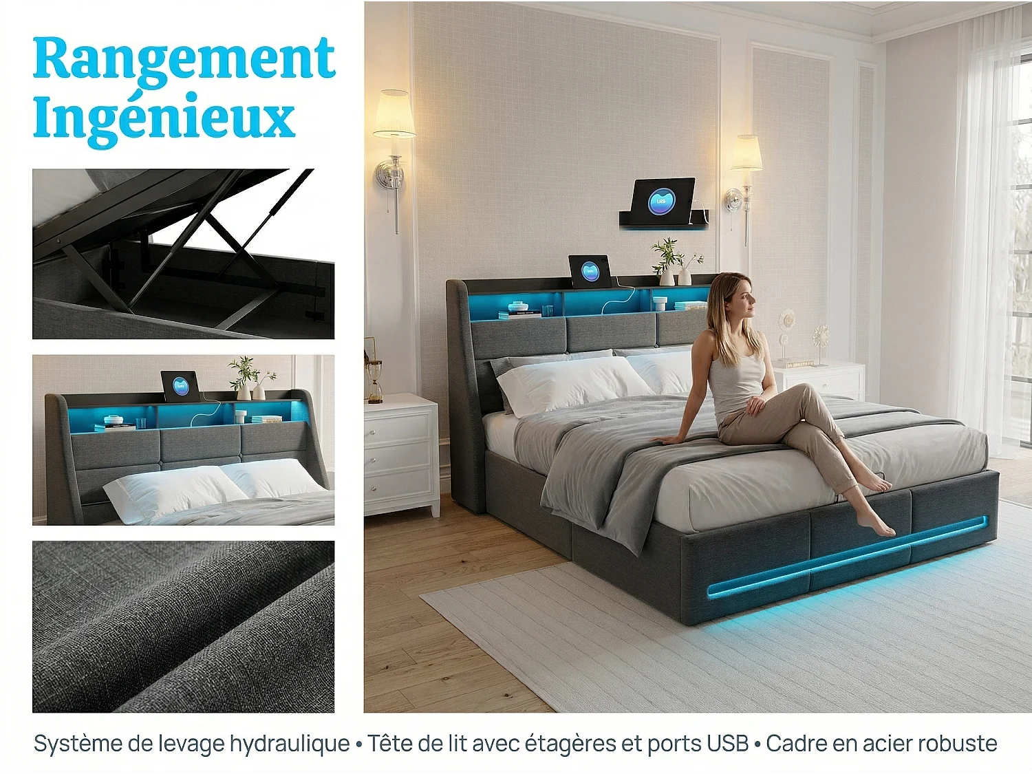 Lit coffre 160x200 cm - LED RGB intégrée - Lit tissu gris - Rangement hydraulique - Tête de lit avec étagères et prises
