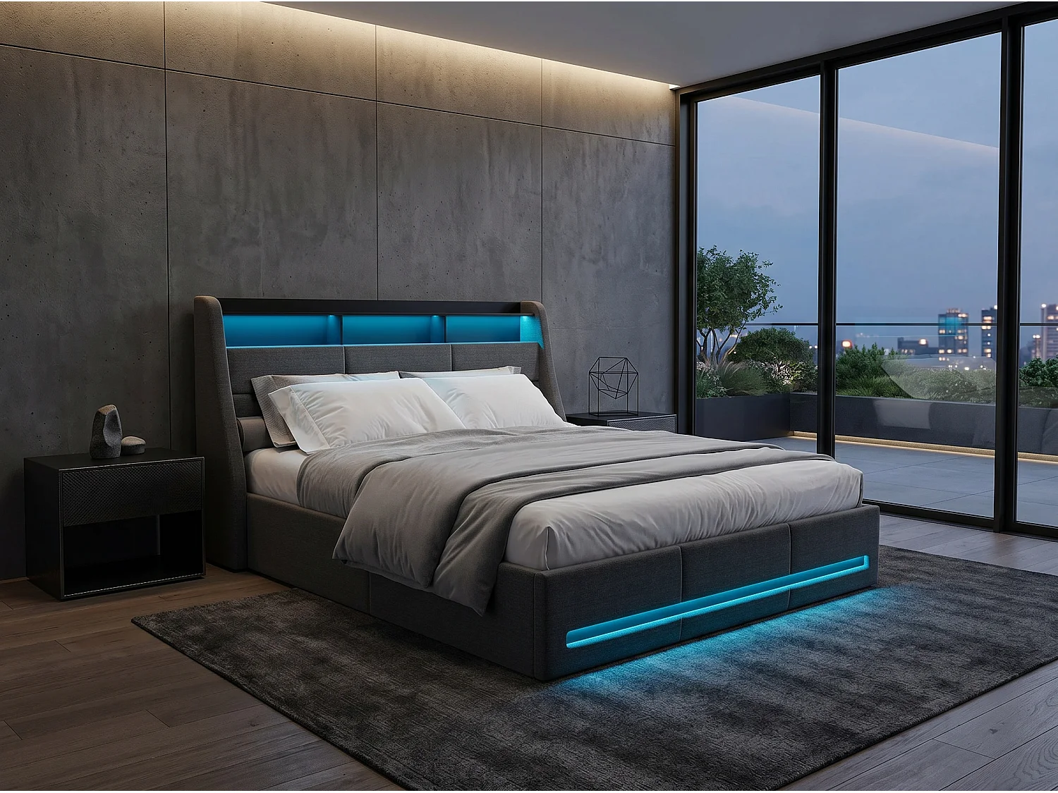 Lit coffre 160x200 cm - LED RGB intégrée - Lit tissu gris - Rangement hydraulique - Tête de lit avec étagères et prises