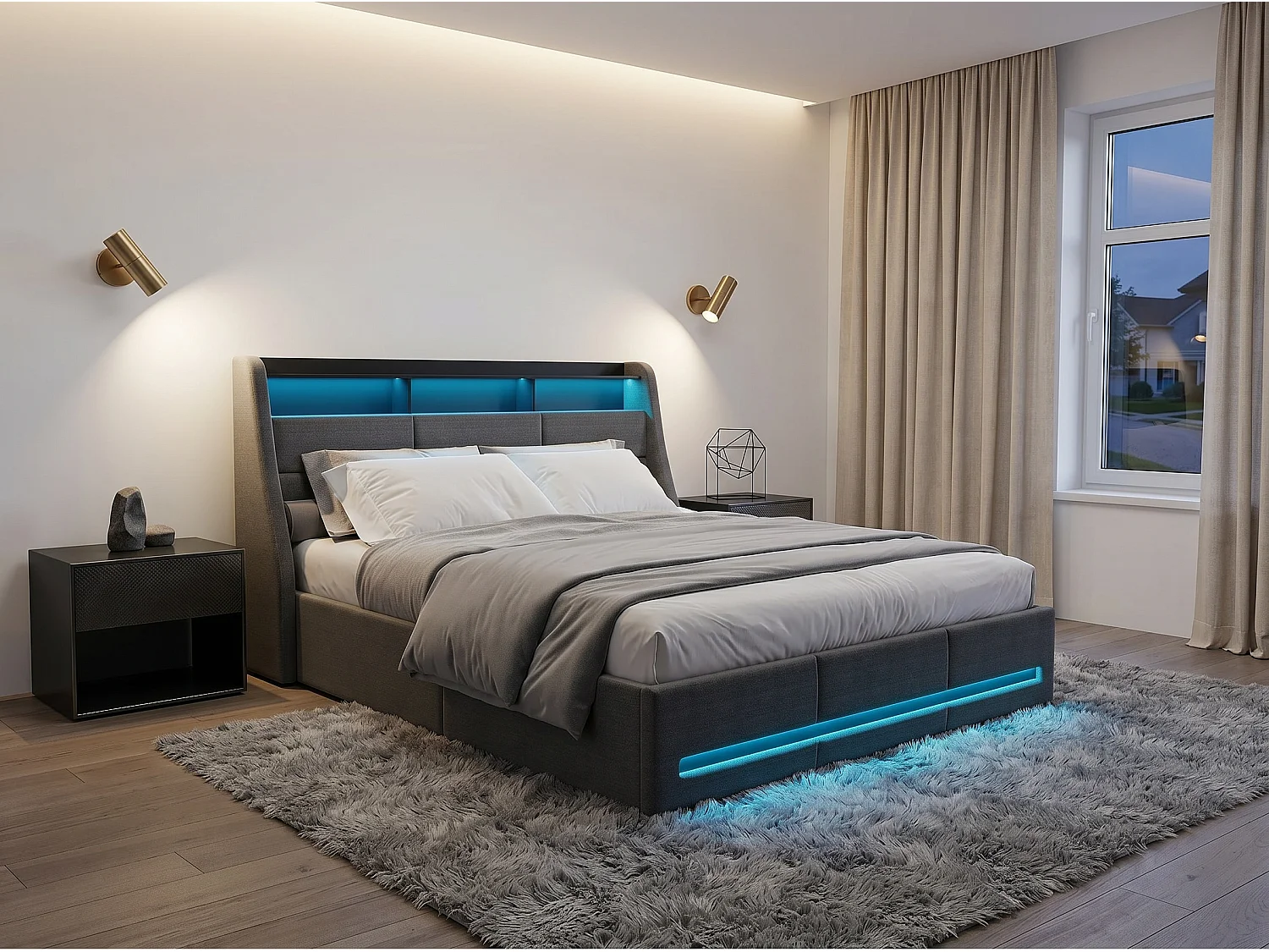 Lit double coffre 160x200cm - Éclairage LED RGB intégré - Lit en tissu gris - Rangement hydraulique - avec prise intégrée