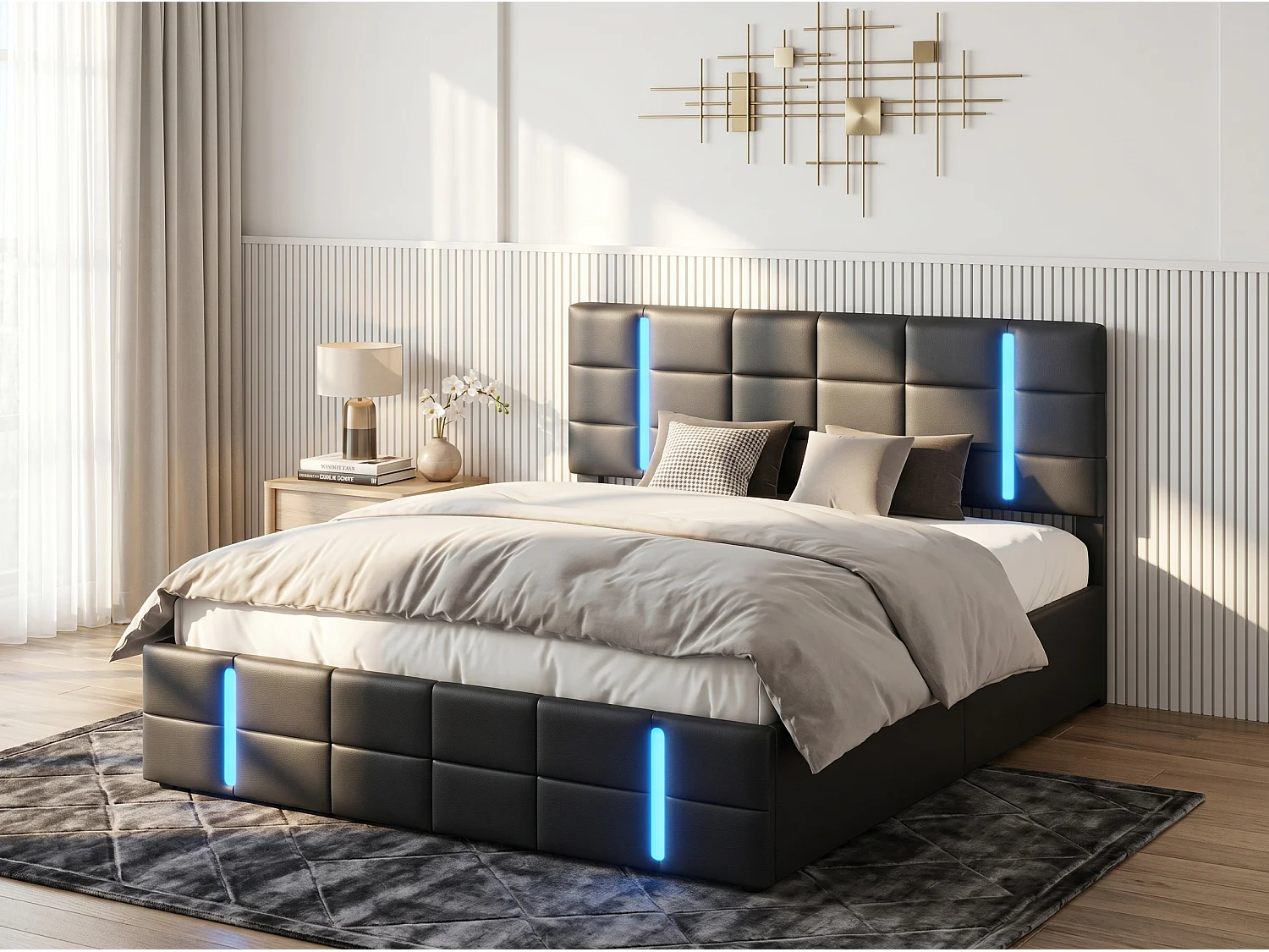 Lit coffre en simili cuir - 160x200cm - avec LED et rangement hydraulique - Noir